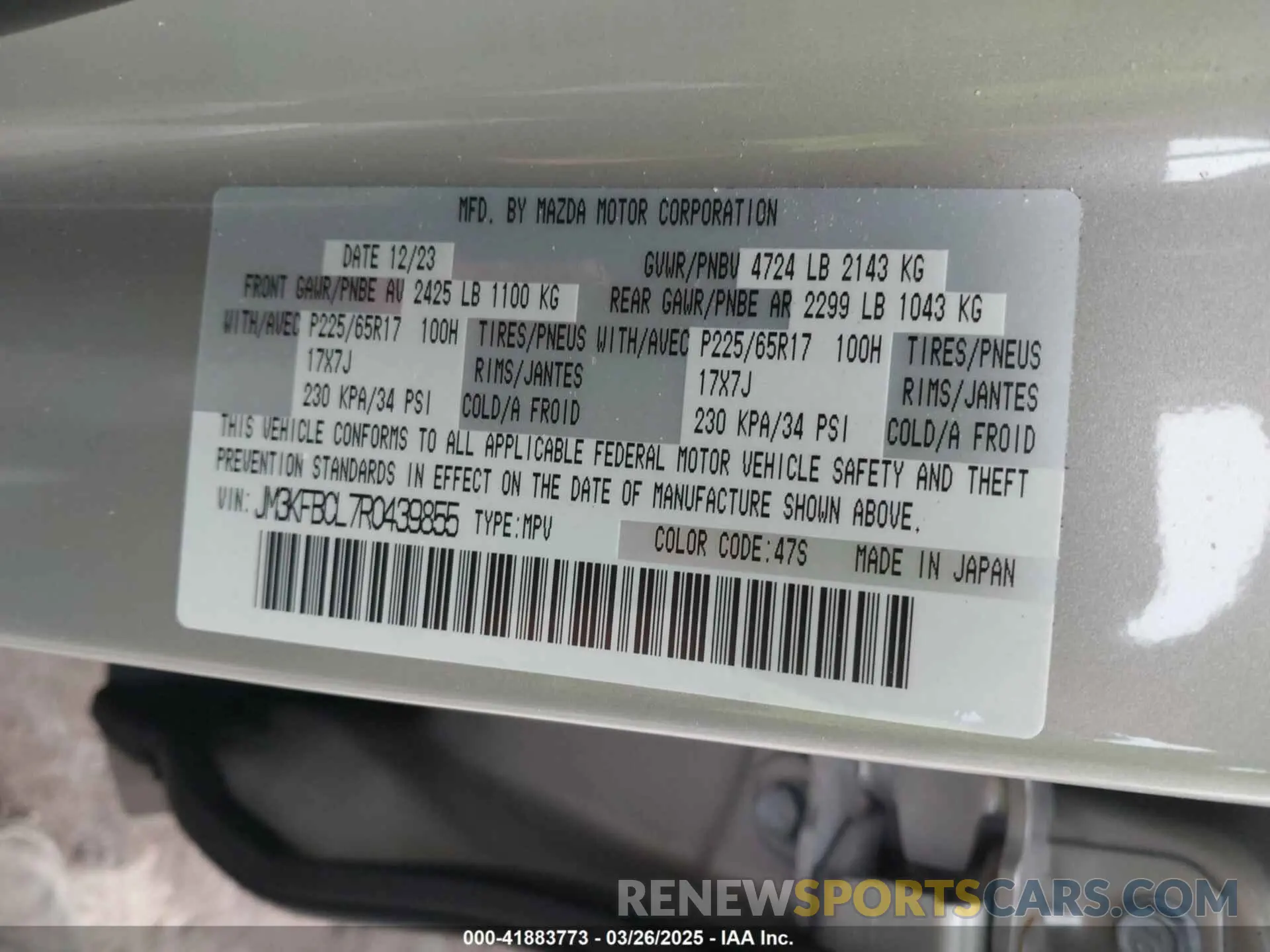 9 fotografías del automóvil dañado JM3KFBCL7R0439855 MAZDA CX-5 2024