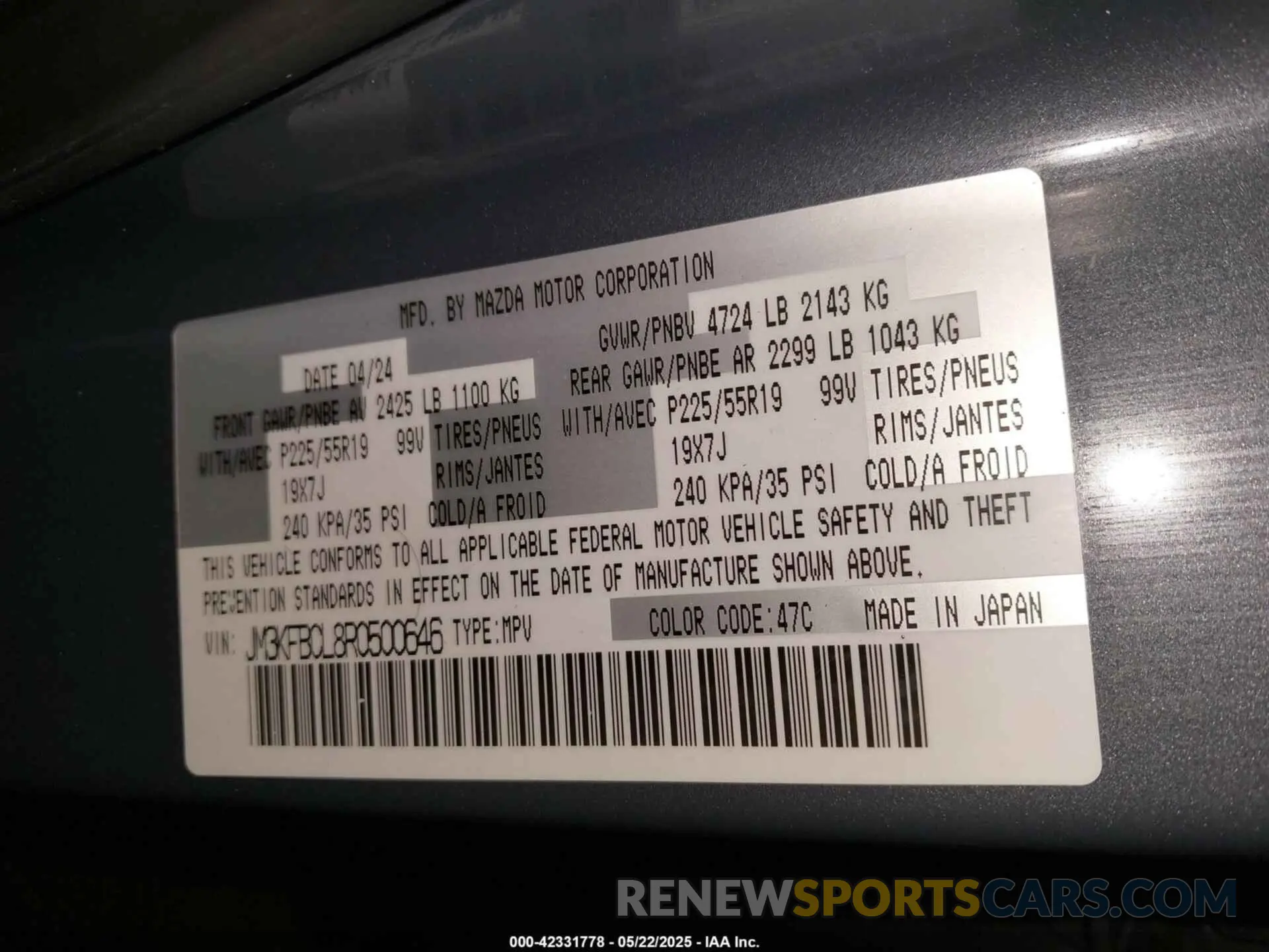 9 fotografías del automóvil dañado JM3KFBCL8R0500646 MAZDA CX-5 2024