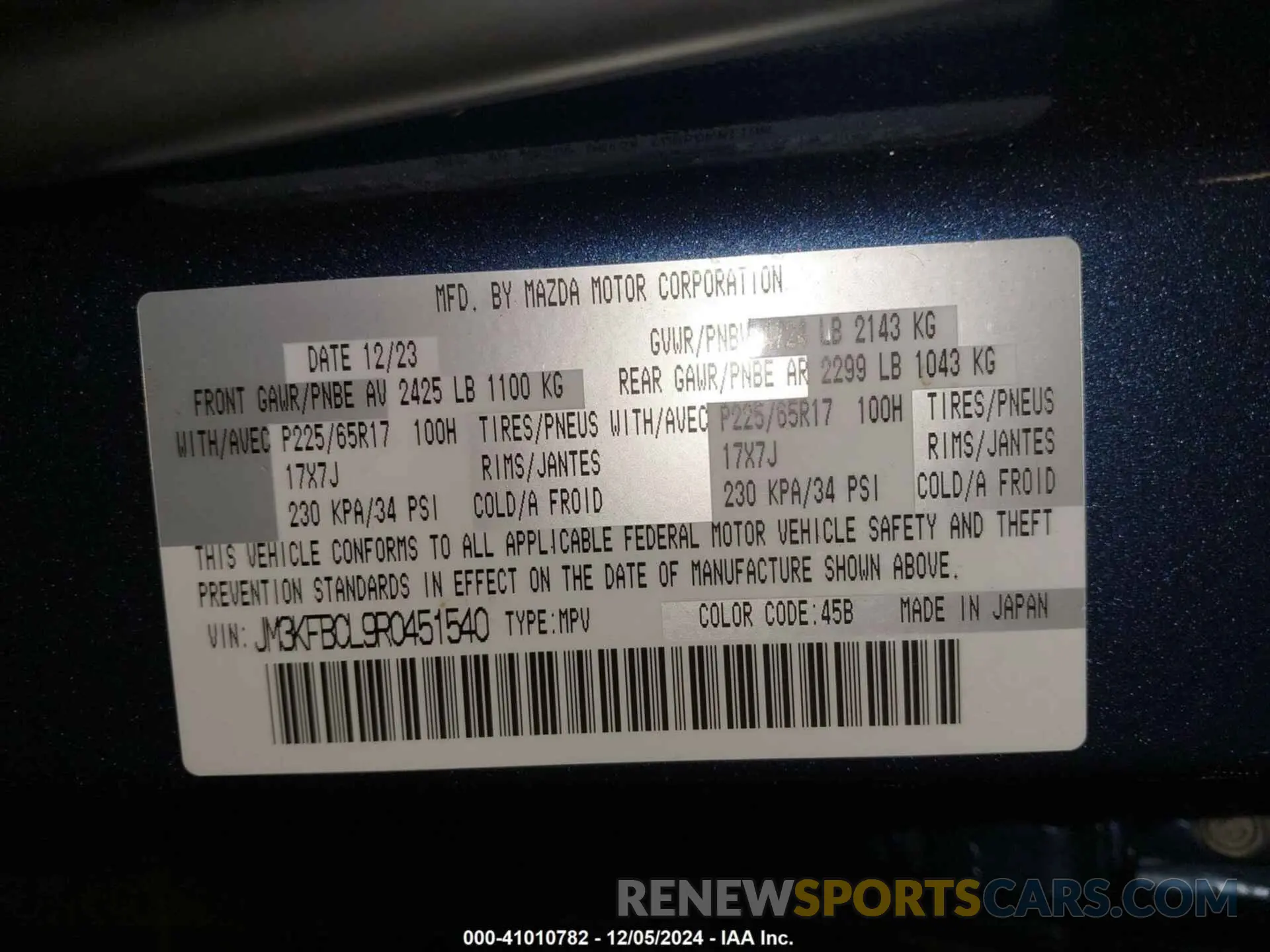 9 fotografías del automóvil dañado JM3KFBCL9R0451540 MAZDA CX-5 2024