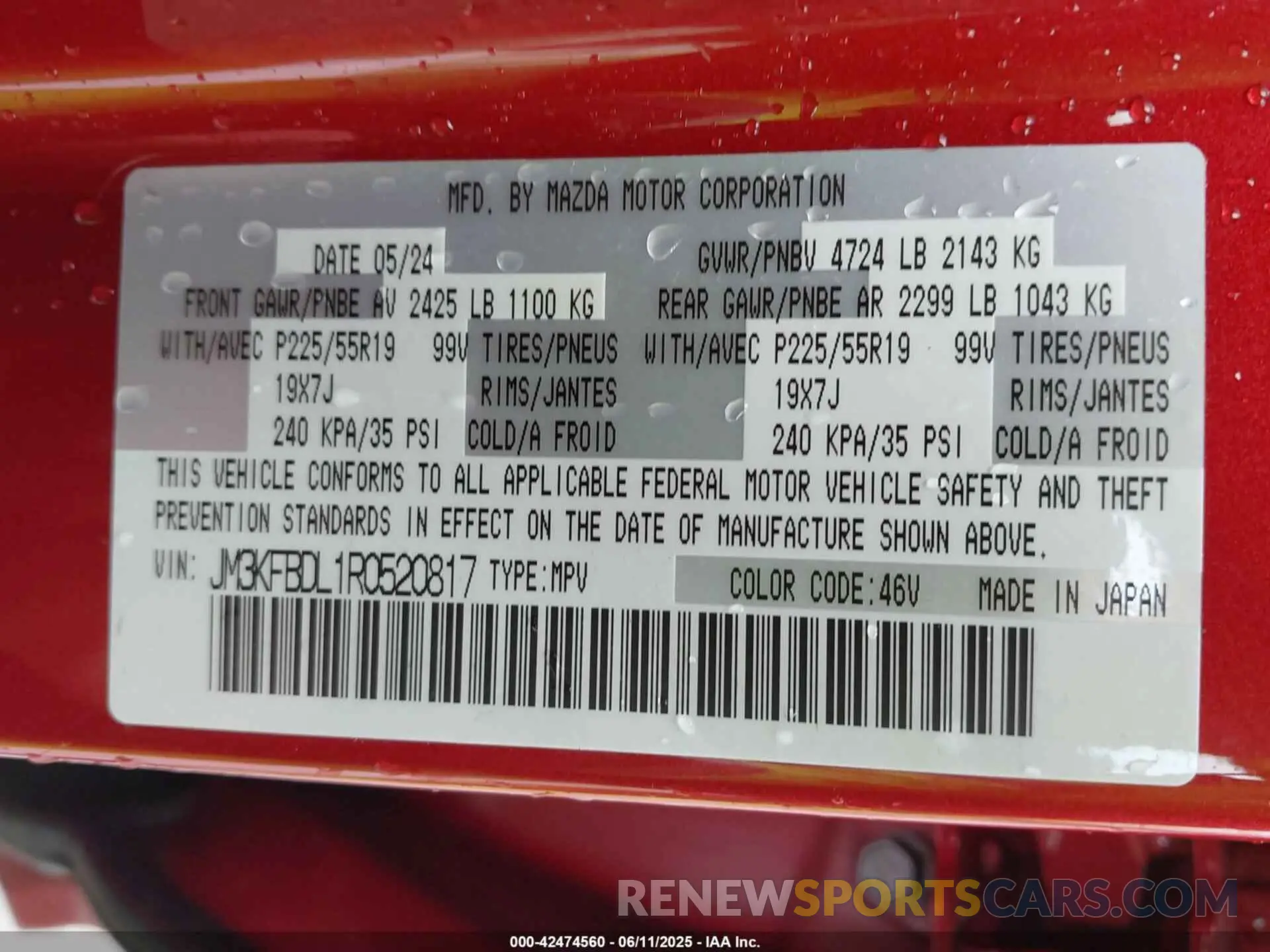 9 fotografías del automóvil dañado JM3KFBDL1R0520817 MAZDA CX-5 2024