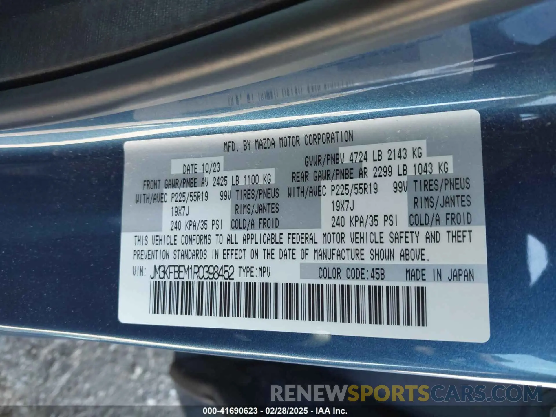 9 fotografías del automóvil dañado JM3KFBEM1R0398452 MAZDA CX-5 2024