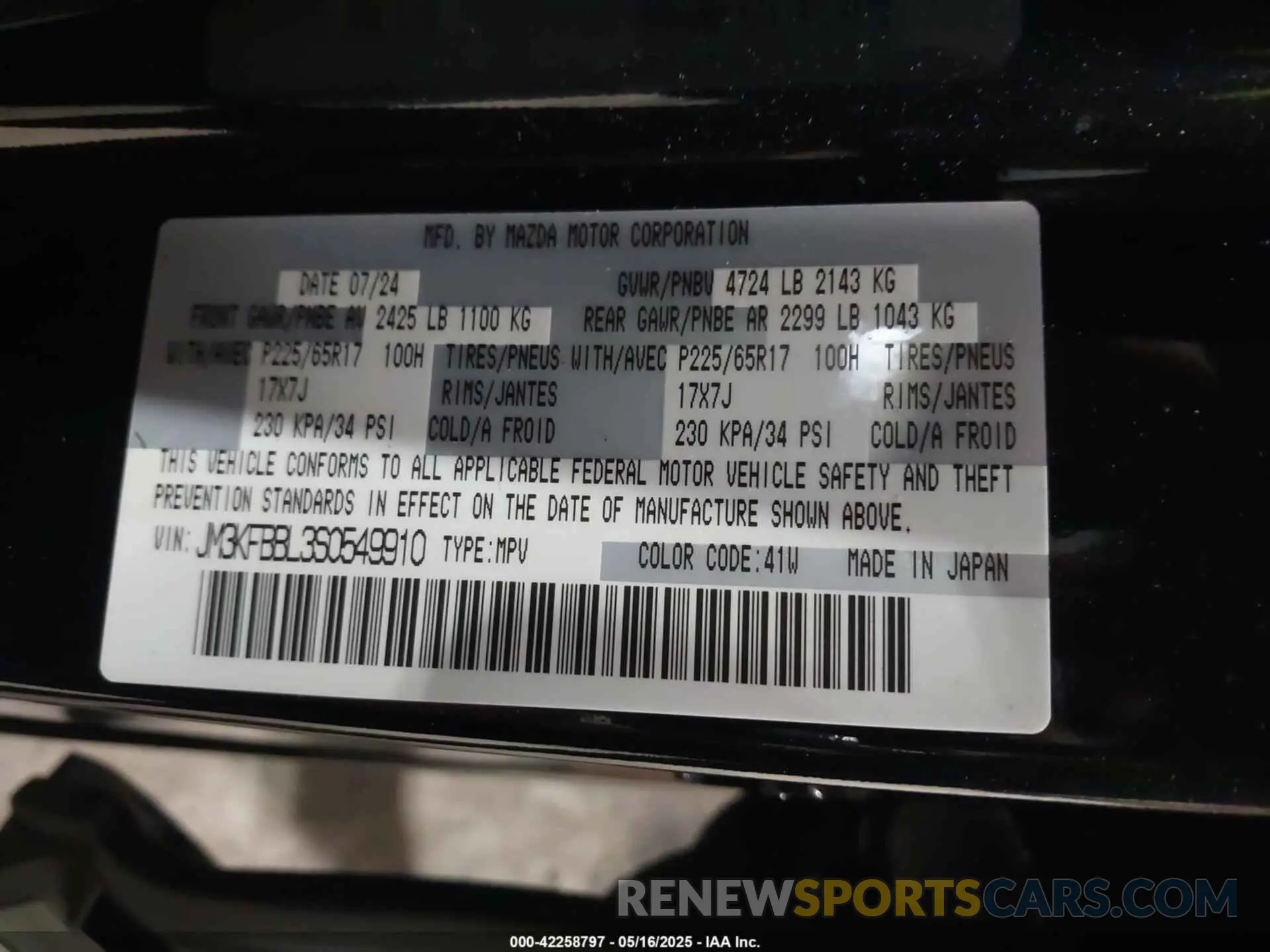 9 fotografías del automóvil dañado JM3KFBBL3S0549910 MAZDA CX-5 2025
