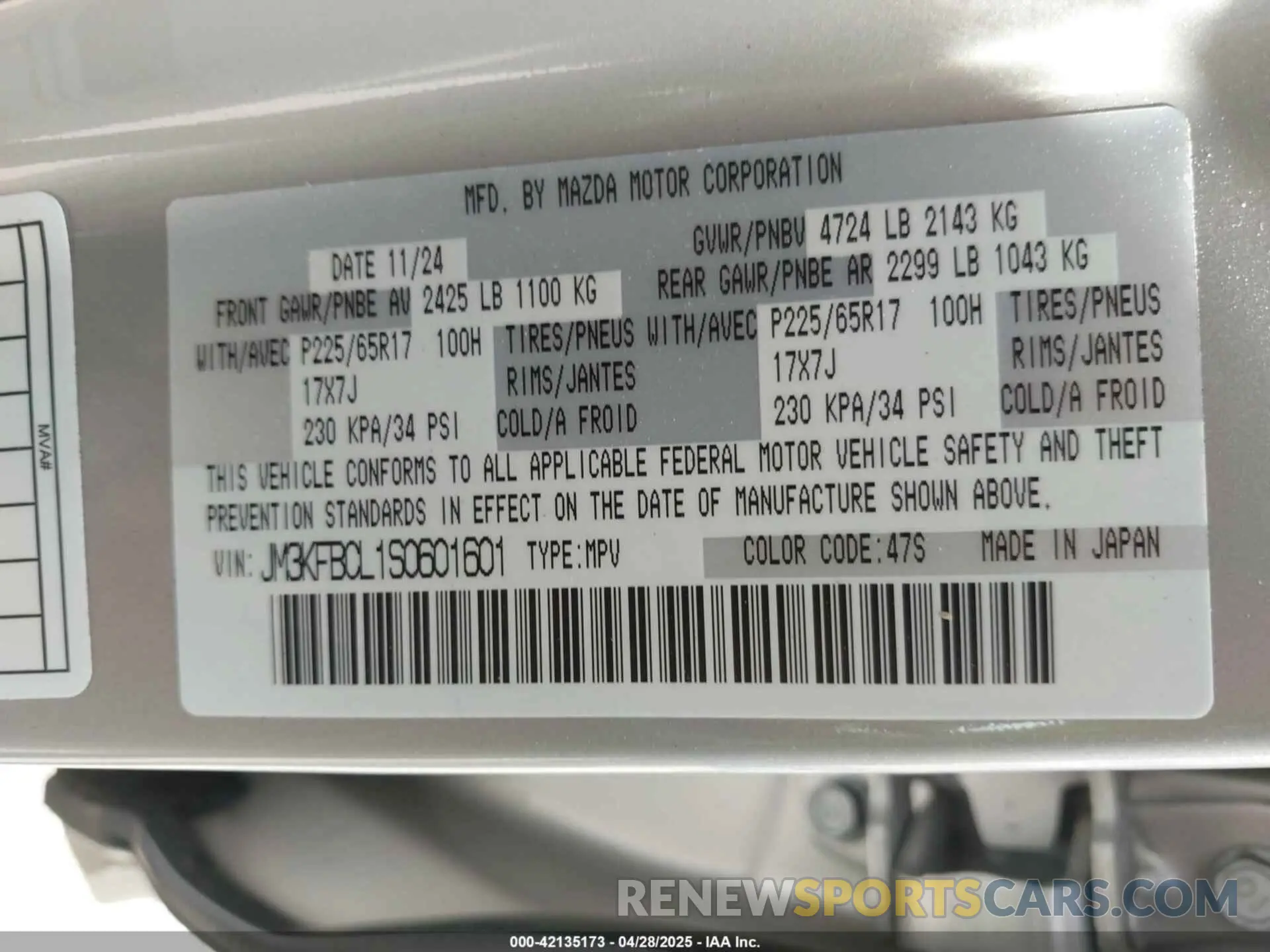 9 fotografías del automóvil dañado JM3KFBCL1S0601601 MAZDA CX-5 2025