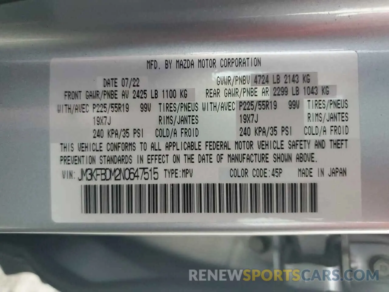 13 fotografías del automóvil dañado JM3KFBDM2N0647515 MAZDA CX-5 PREMI 2022