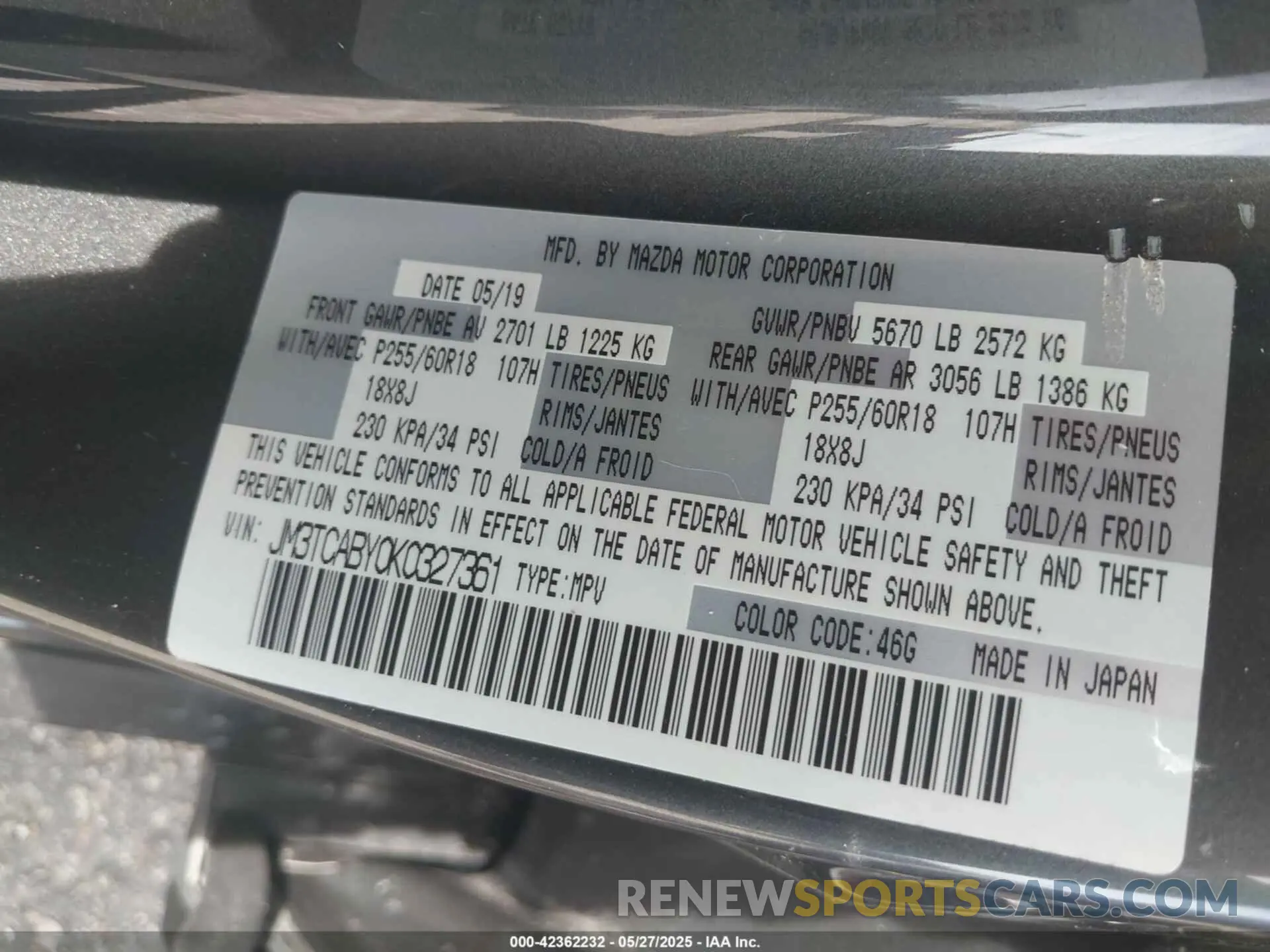 9 fotografías del automóvil dañado JM3TCABY0K0327361 MAZDA CX-9 2019
