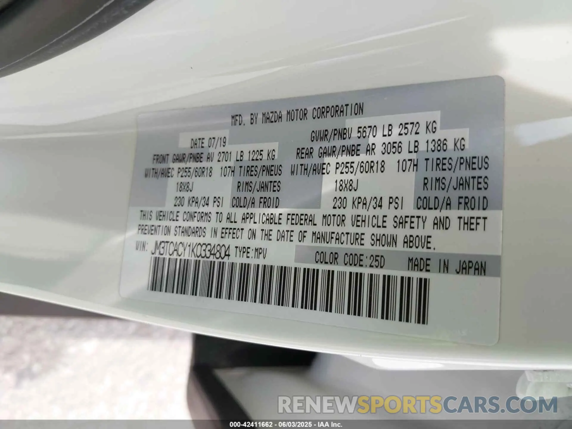 9 fotografías del automóvil dañado JM3TCACY1K0334804 MAZDA CX-9 2019