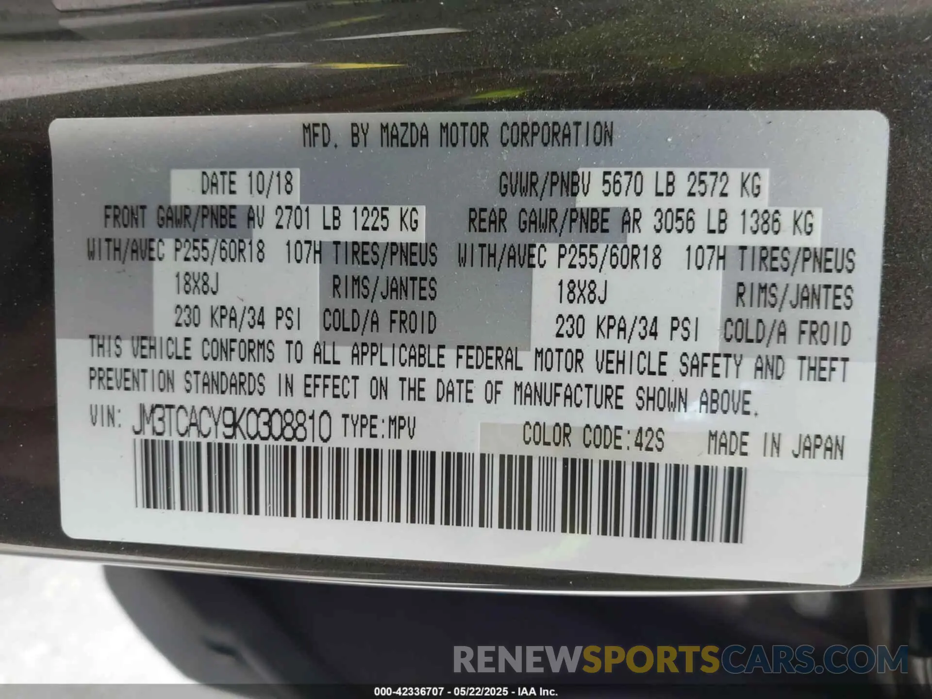 9 fotografías del automóvil dañado JM3TCACY9K0308810 MAZDA CX-9 2019