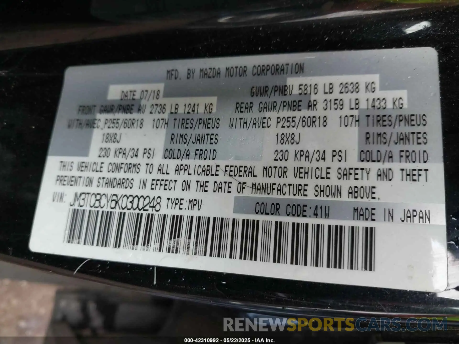 9 fotografías del automóvil dañado JM3TCBCY6K0300248 MAZDA CX-9 2019