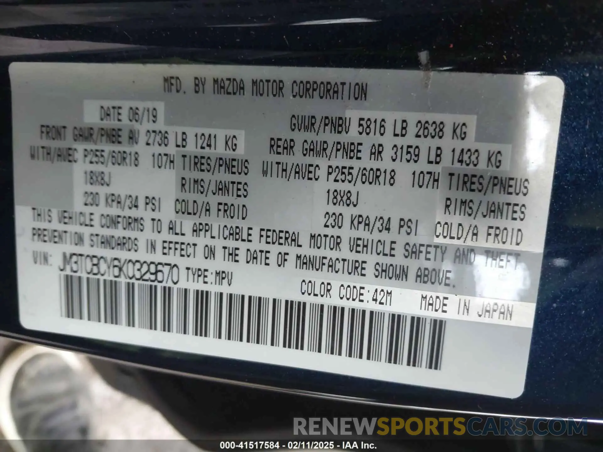 9 fotografías del automóvil dañado JM3TCBCY6K0329670 MAZDA CX-9 2019