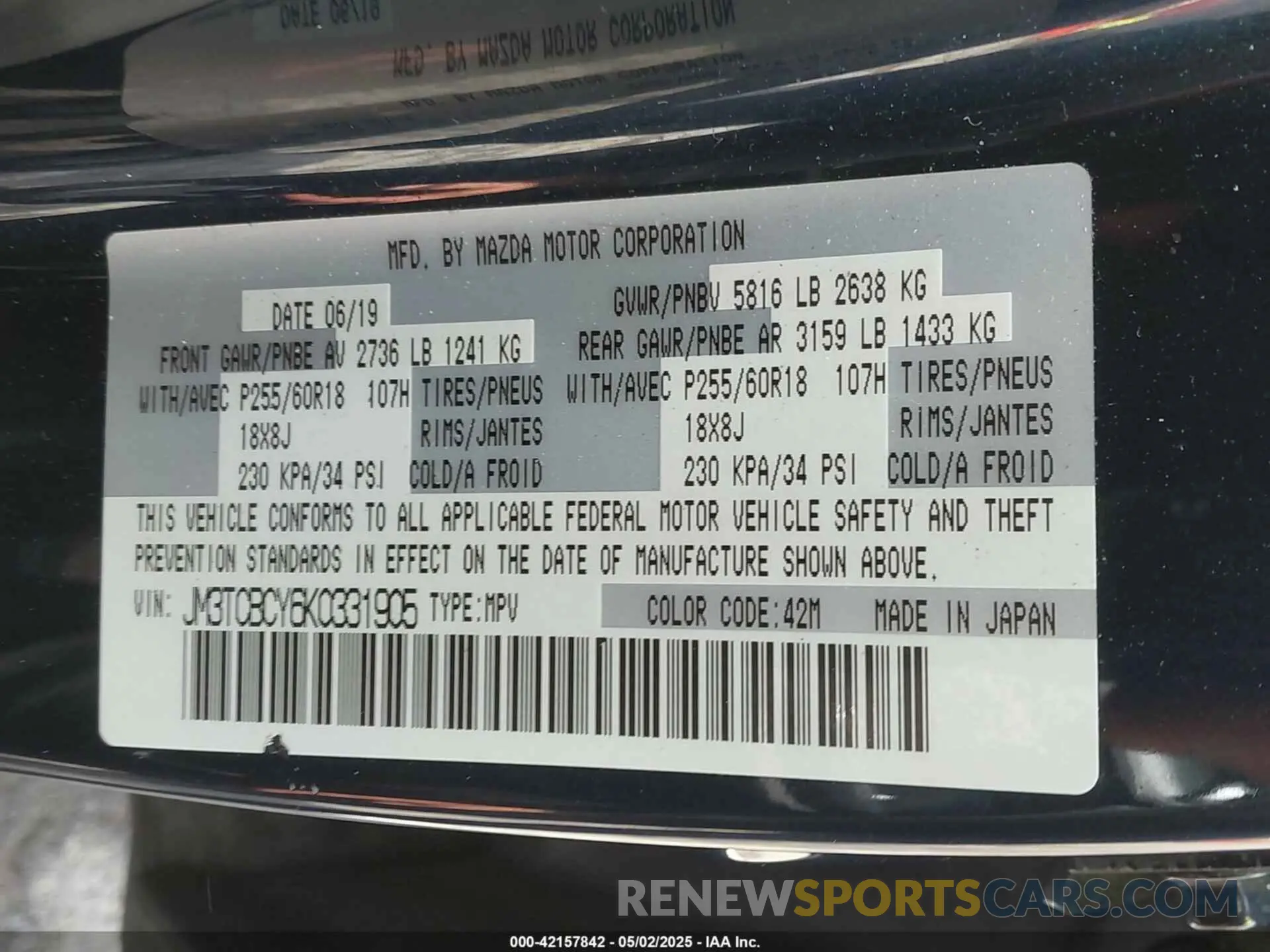 9 fotografías del automóvil dañado JM3TCBCY6K0331905 MAZDA CX-9 2019