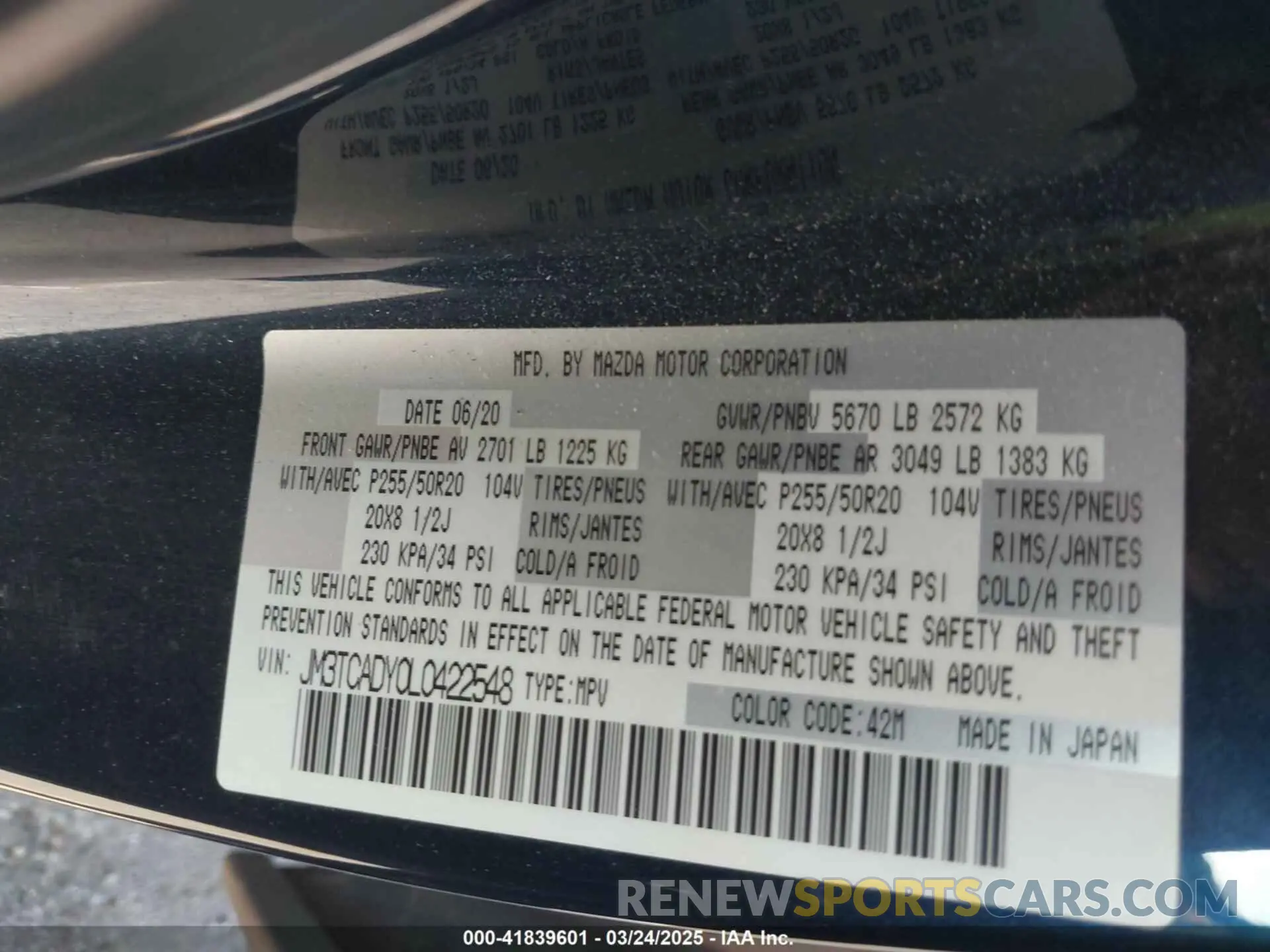 9 fotografías del automóvil dañado JM3TCADY0L0422548 MAZDA CX-9 2020