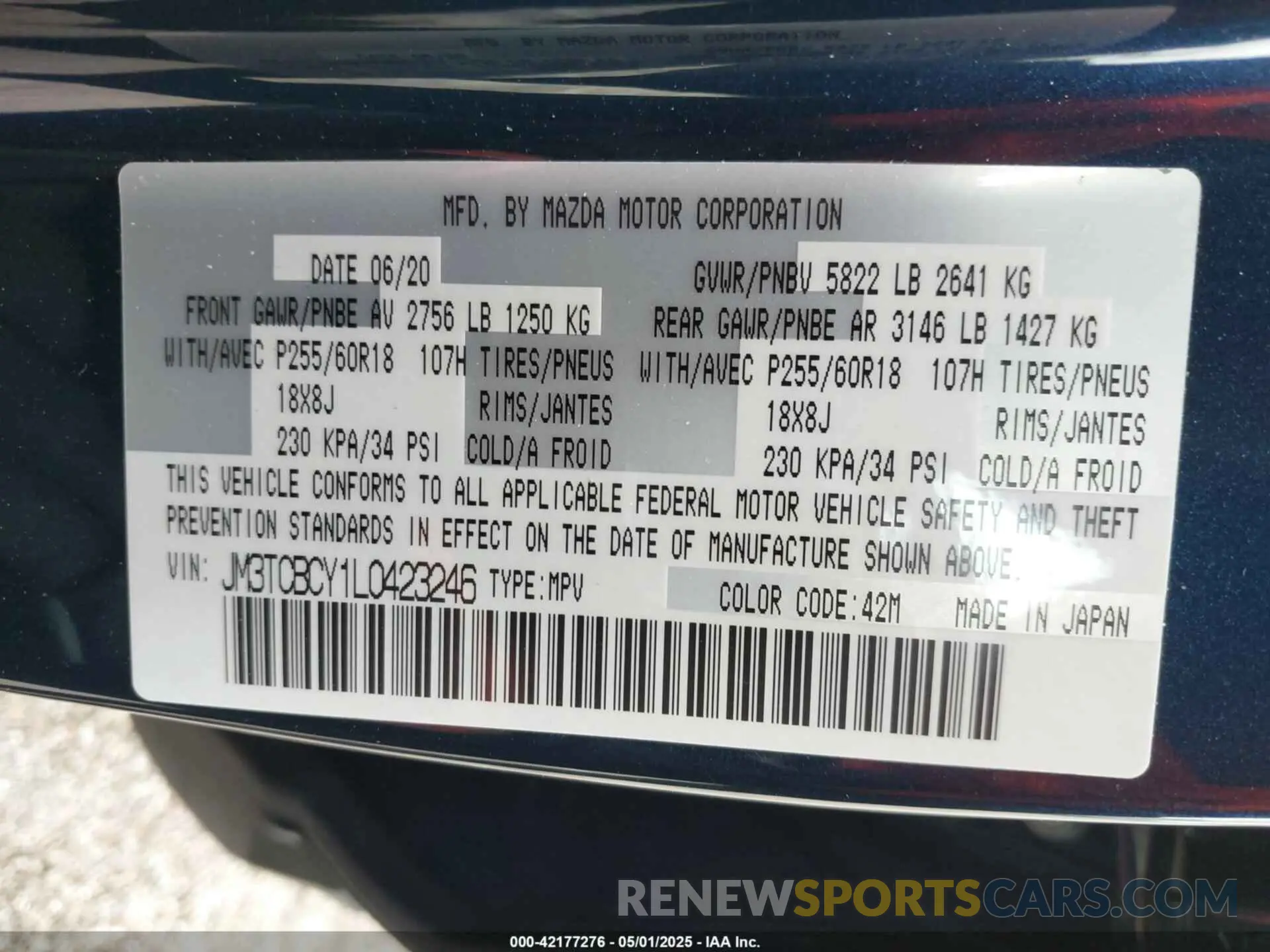 9 fotografías del automóvil dañado JM3TCBCY1L0423246 MAZDA CX-9 2020