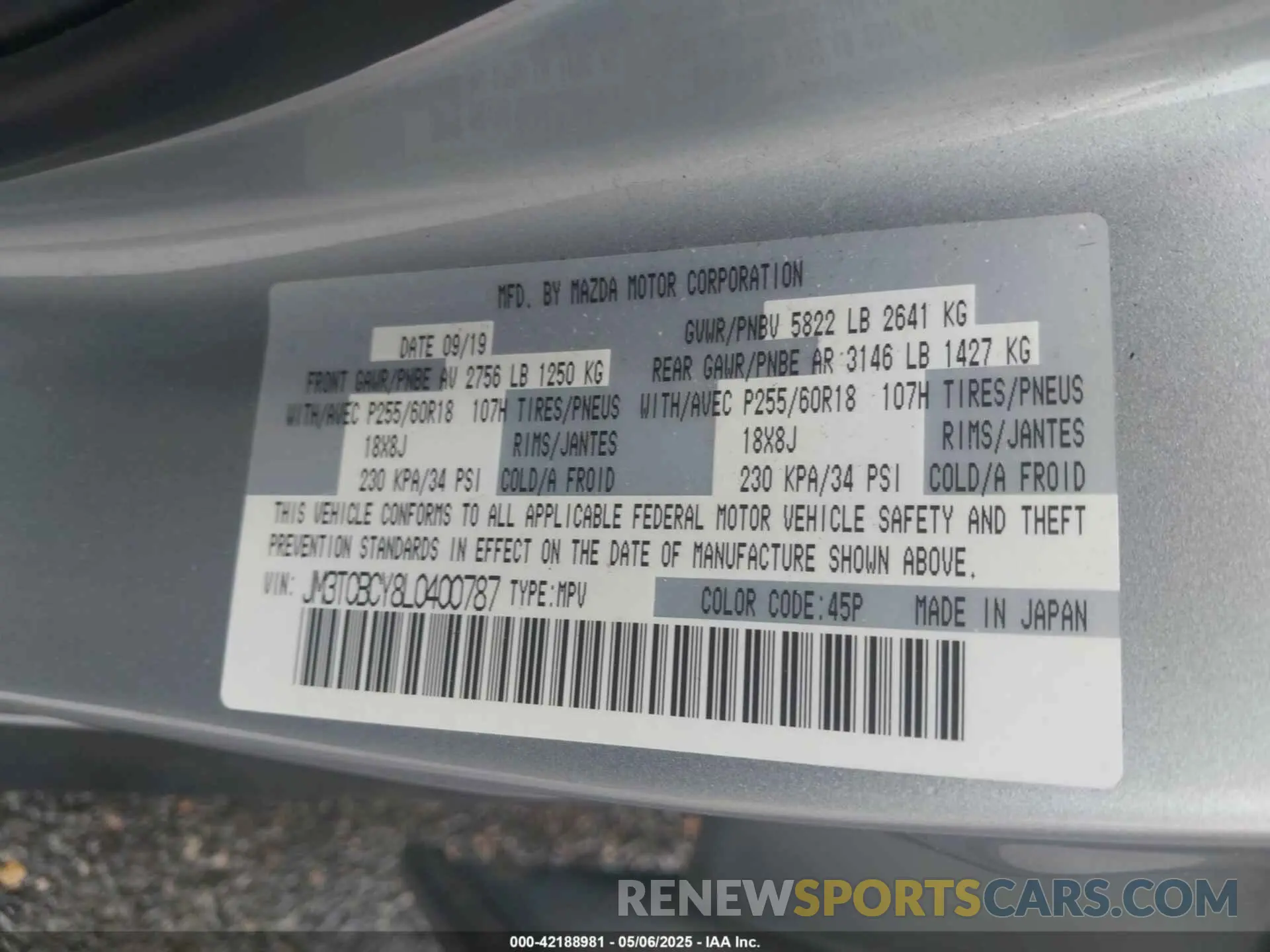 9 fotografías del automóvil dañado JM3TCBCY8L0400787 MAZDA CX-9 2020