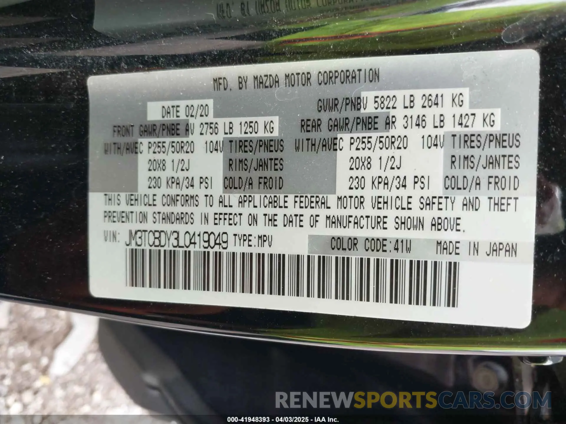 9 fotografías del automóvil dañado JM3TCBDY3L0419049 MAZDA CX-9 2020