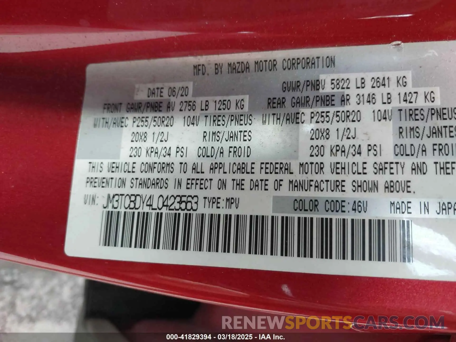 9 fotografías del automóvil dañado JM3TCBDY4L0423563 MAZDA CX-9 2020