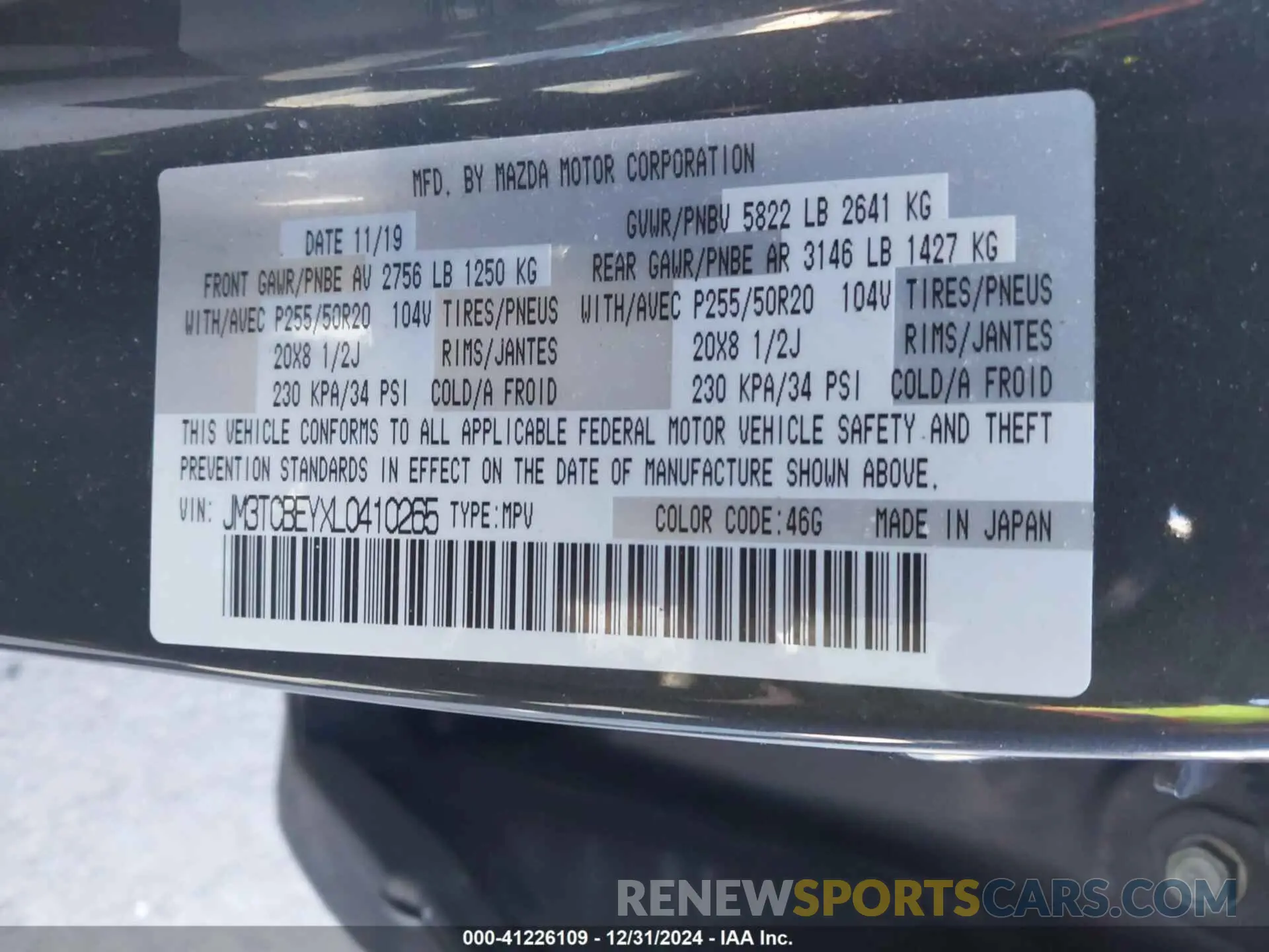 9 fotografías del automóvil dañado JM3TCBEYXL0410265 MAZDA CX-9 2020