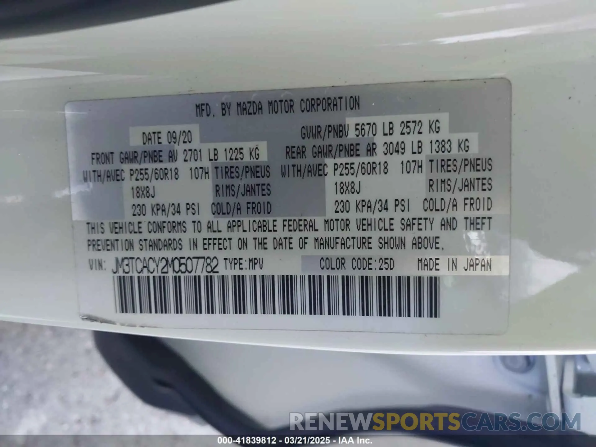 9 fotografías del automóvil dañado JM3TCACY2M0507782 MAZDA CX-9 2021