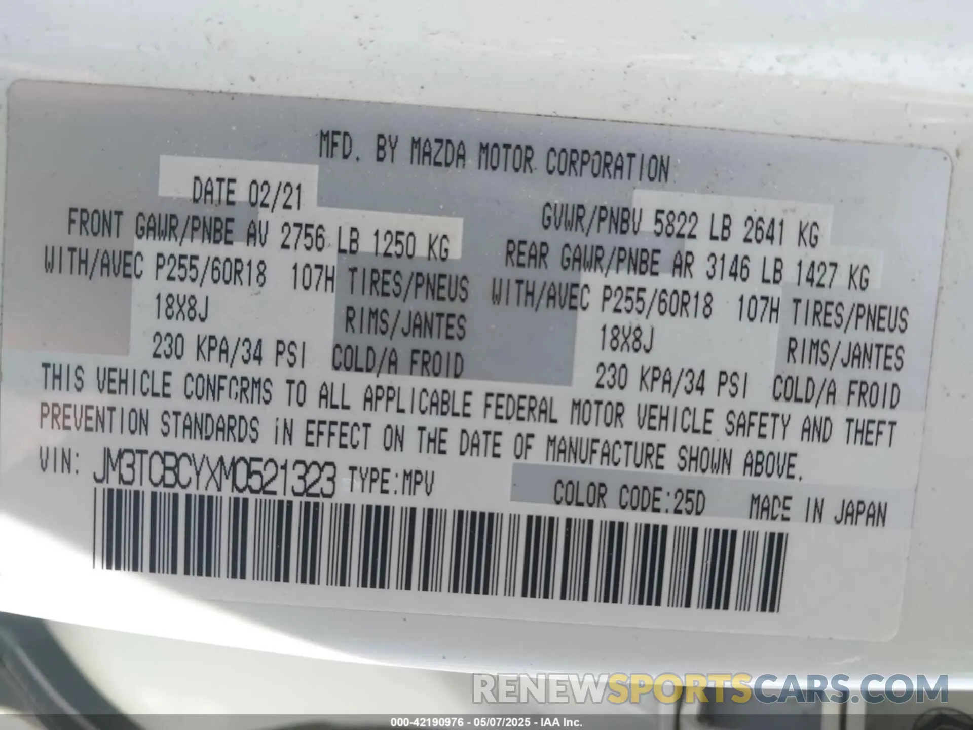 9 fotografías del automóvil dañado JM3TCBCYXM0521323 MAZDA CX-9 2021