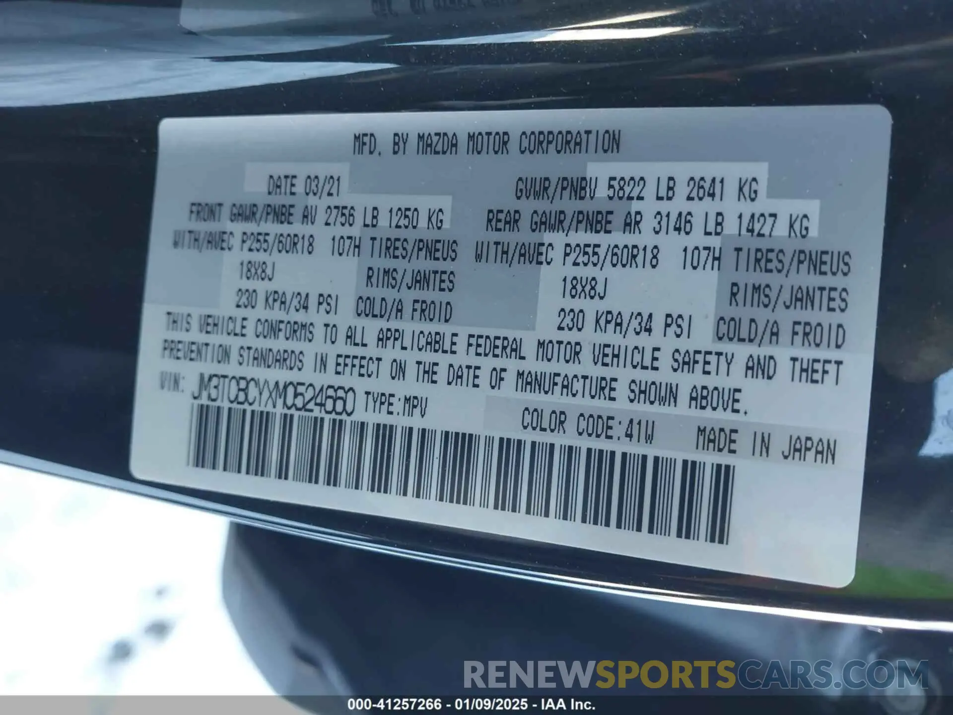 9 fotografías del automóvil dañado JM3TCBCYXM0524660 MAZDA CX-9 2021