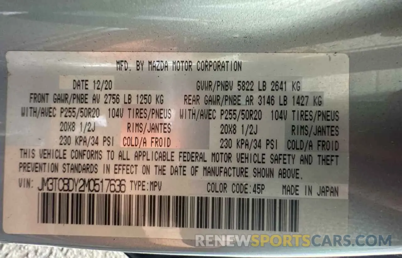 10 fotografías del automóvil dañado JM3TCBDY2M0517636 MAZDA CX-9 2021