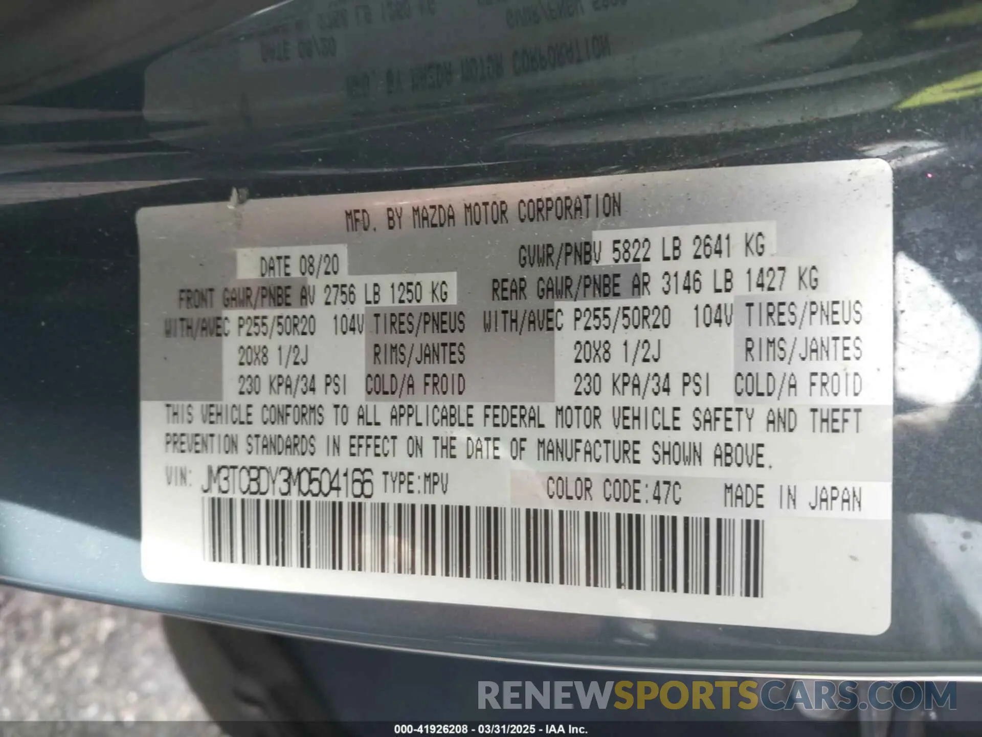 9 fotografías del automóvil dañado JM3TCBDY3M0504166 MAZDA CX-9 2021