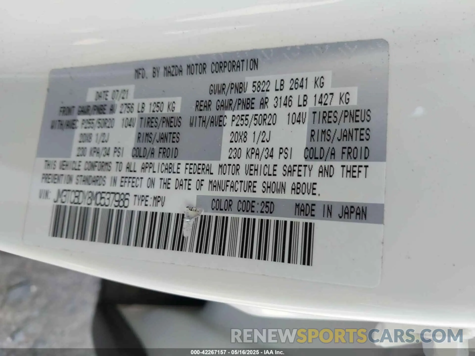9 fotografías del automóvil dañado JM3TCBDY8M0537986 MAZDA CX-9 2021