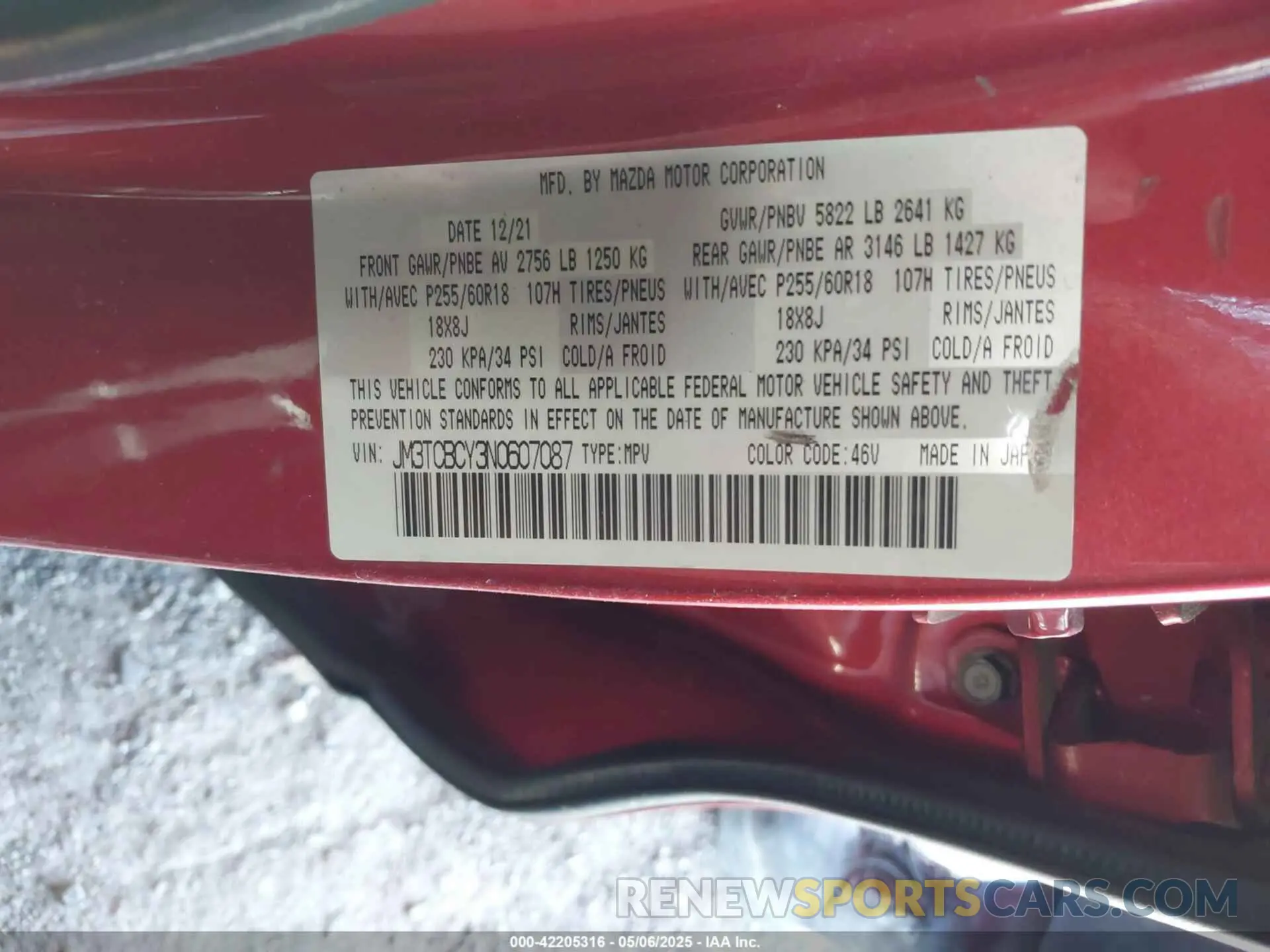 9 fotografías del automóvil dañado JM3TCBCY3N0607087 MAZDA CX-9 2022