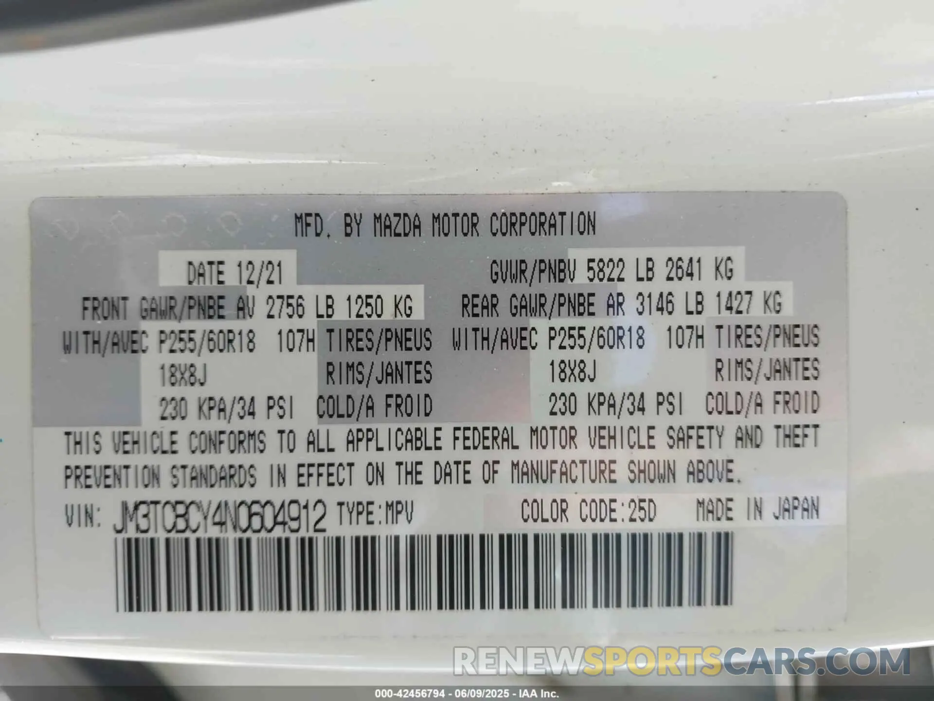 9 fotografías del automóvil dañado JM3TCBCY4N0604912 MAZDA CX-9 2022