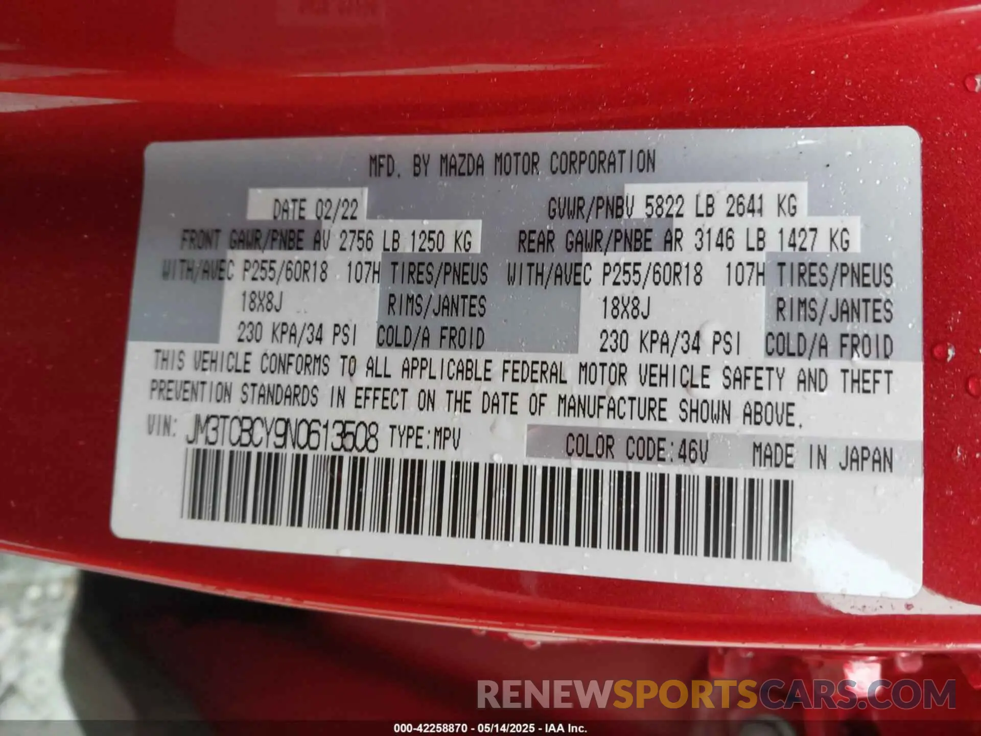 9 fotografías del automóvil dañado JM3TCBCY9N0613508 MAZDA CX-9 2022