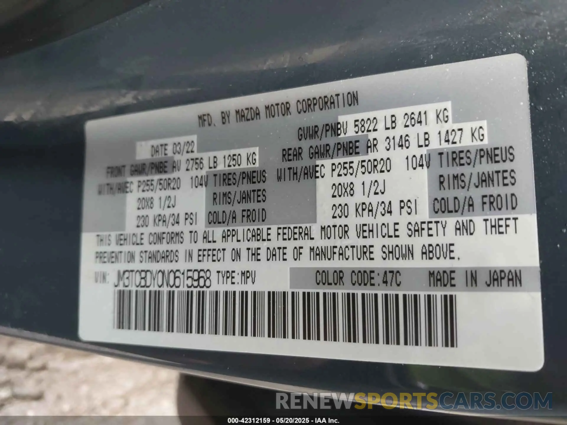 9 fotografías del automóvil dañado JM3TCBDY0N0615968 MAZDA CX-9 2022