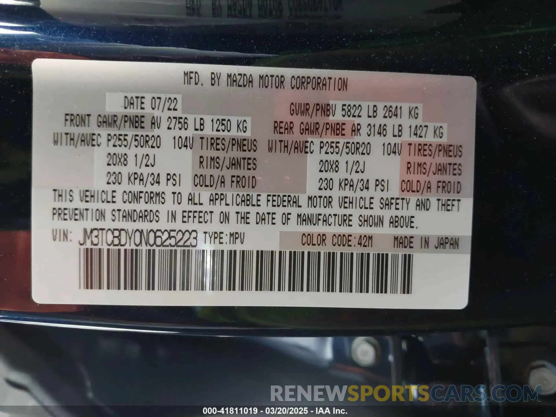 9 fotografías del automóvil dañado JM3TCBDY0N0625223 MAZDA CX-9 2022