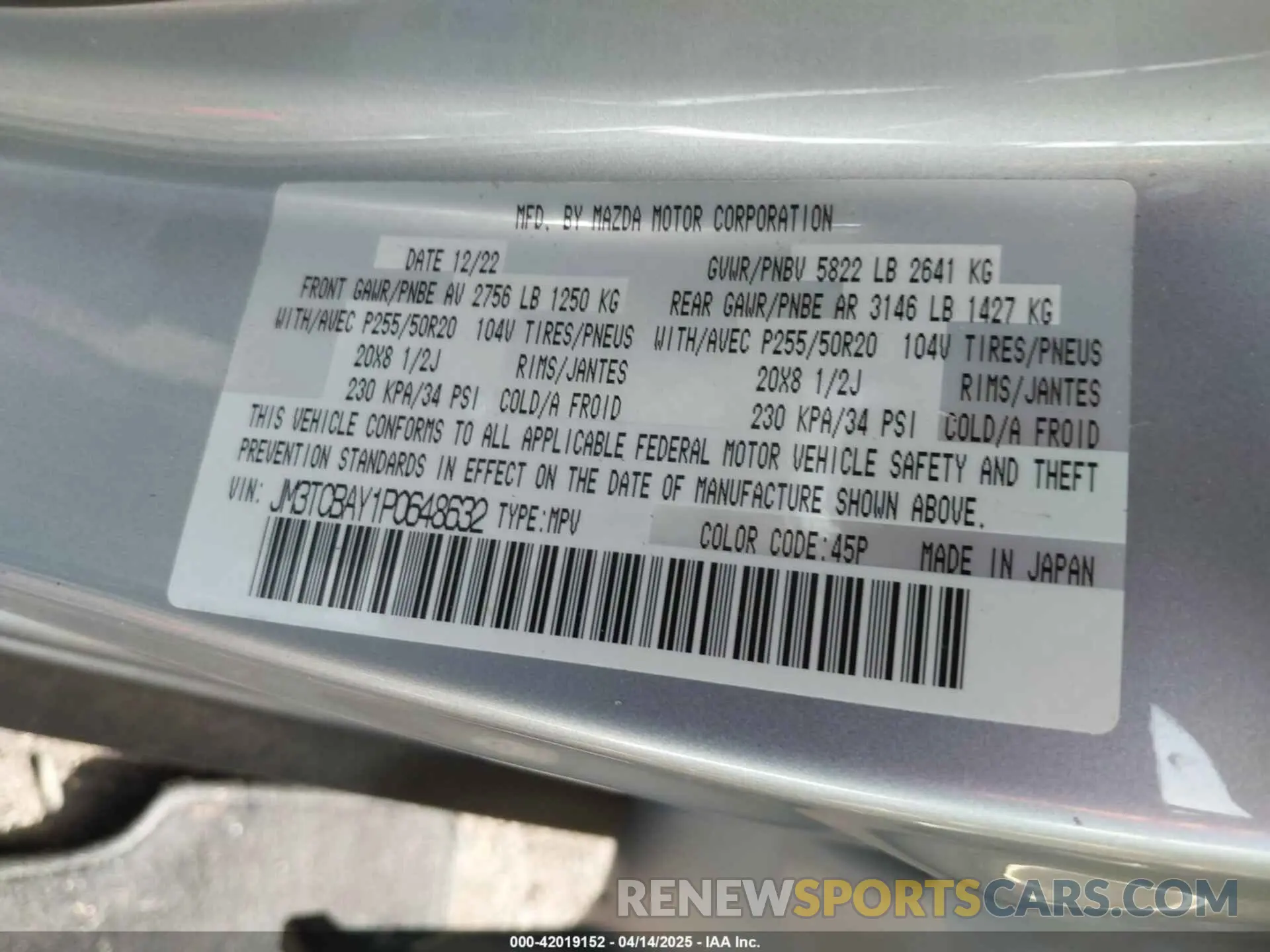 9 fotografías del automóvil dañado JM3TCBAY1P0648632 MAZDA CX-9 2023