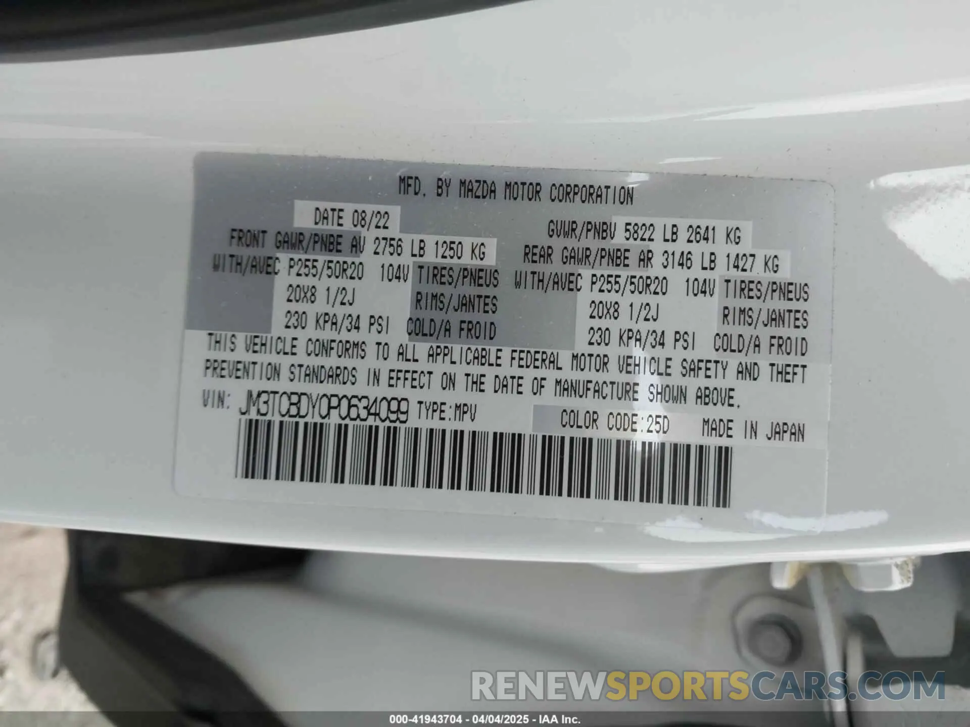 9 fotografías del automóvil dañado JM3TCBDY0P0634099 MAZDA CX-9 2023