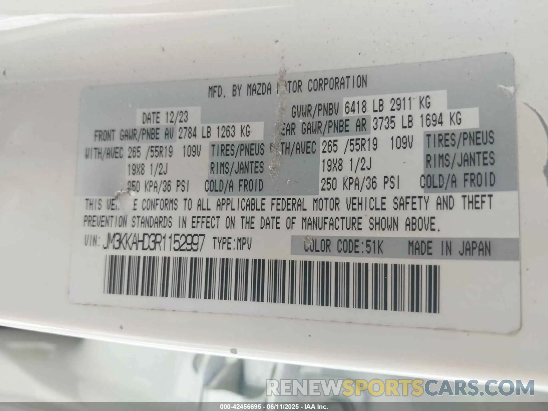 9 fotografías del automóvil dañado JM3KKAHD3R1152997 MAZDA CX-90 2024