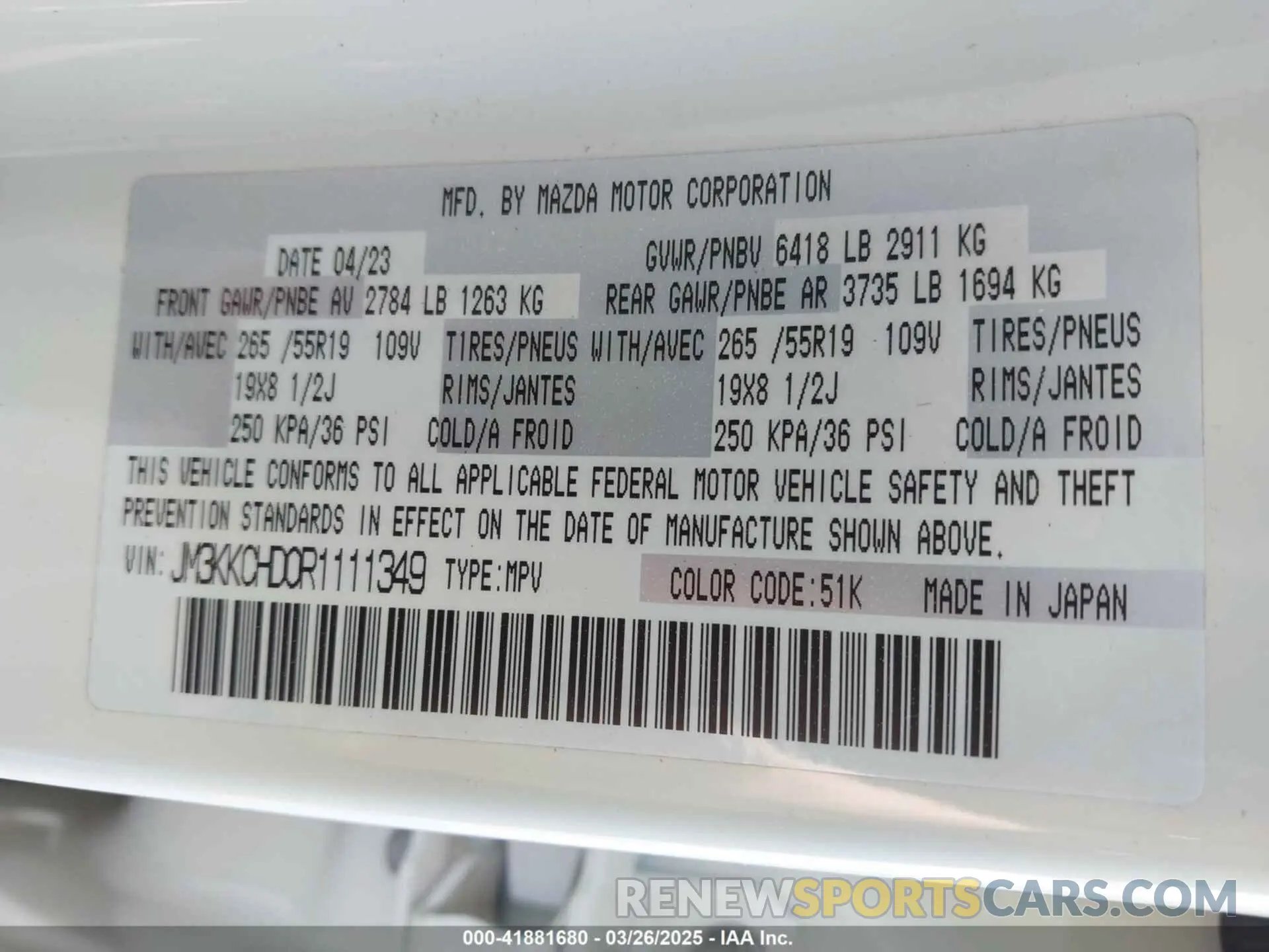 9 fotografías del automóvil dañado JM3KKCHD0R1111349 MAZDA CX-90 2024