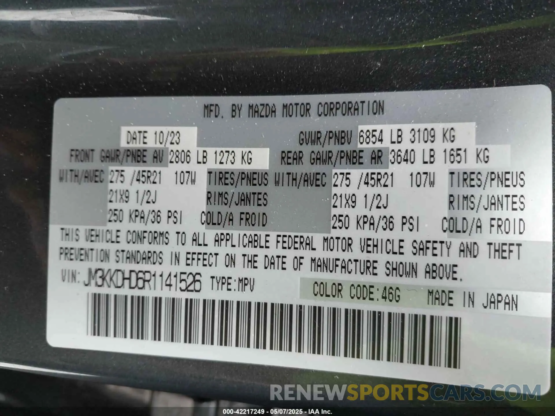 9 fotografías del automóvil dañado JM3KKDHD6R1141526 MAZDA CX-90 2024