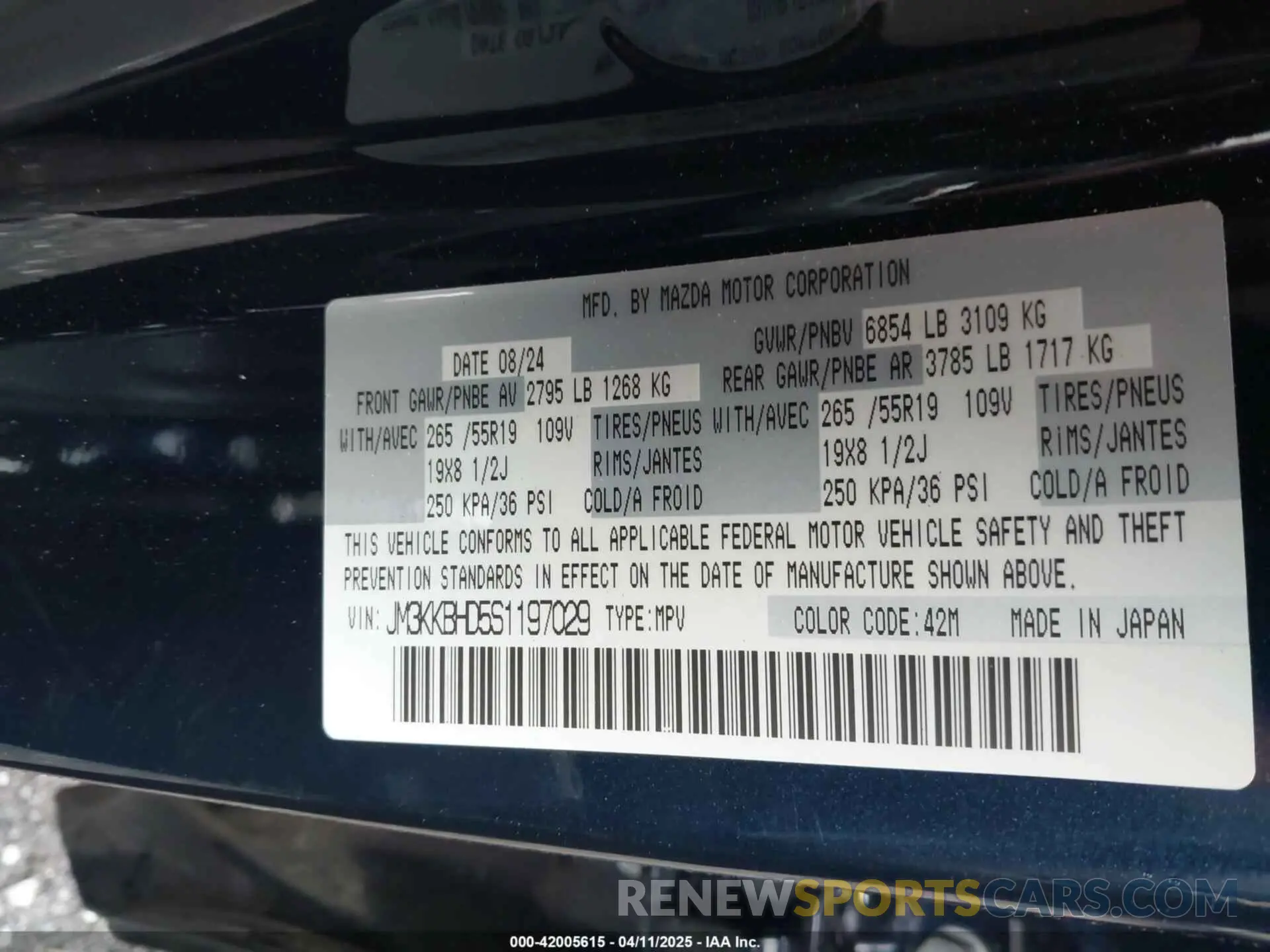 9 fotografías del automóvil dañado JM3KKBHD5S1197029 MAZDA CX-90 2025