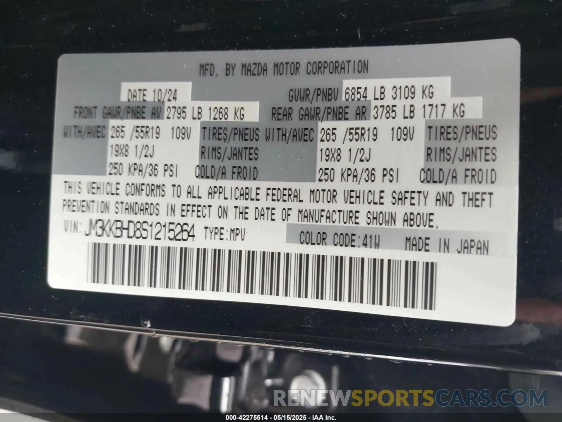 9 fotografías del automóvil dañado JM3KKBHD8S1215264 MAZDA CX-90 2025