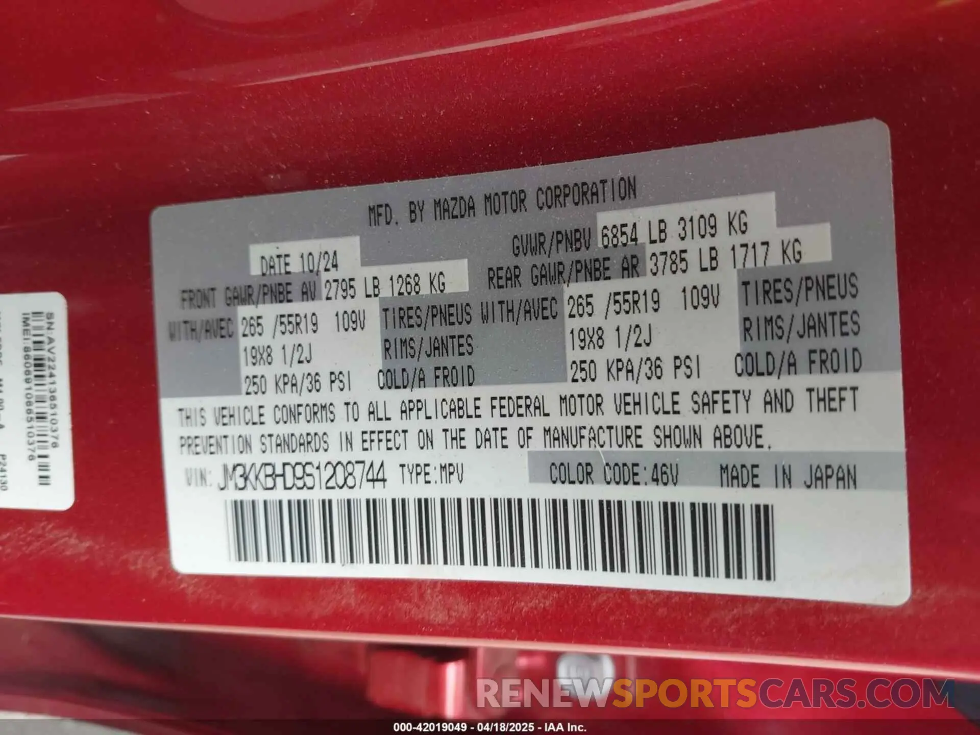 9 fotografías del automóvil dañado JM3KKBHD9S1208744 MAZDA CX-90 2025