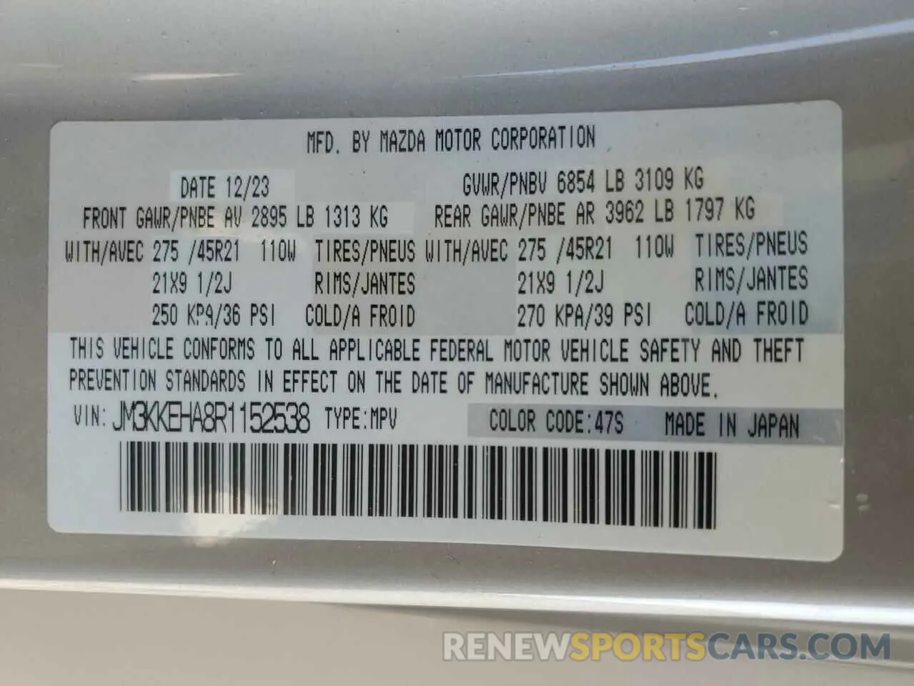 15 fotografías del automóvil dañado JM3KKEHA8R1152538 MAZDA CX-90 PREM 2024
