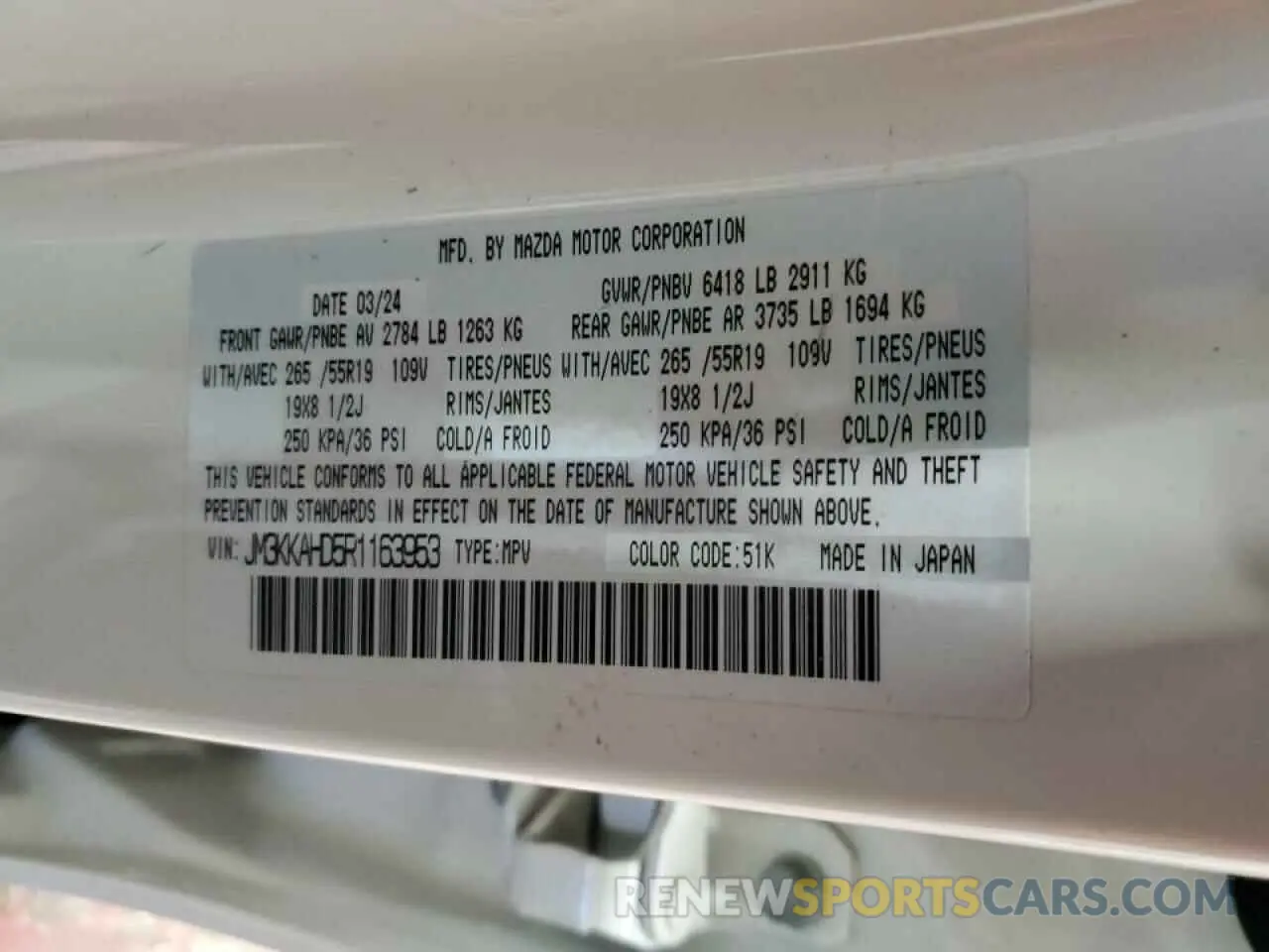 14 fotografías del automóvil dañado JM3KKAHD5R1163953 MAZDA CX-90 SELE 2024
