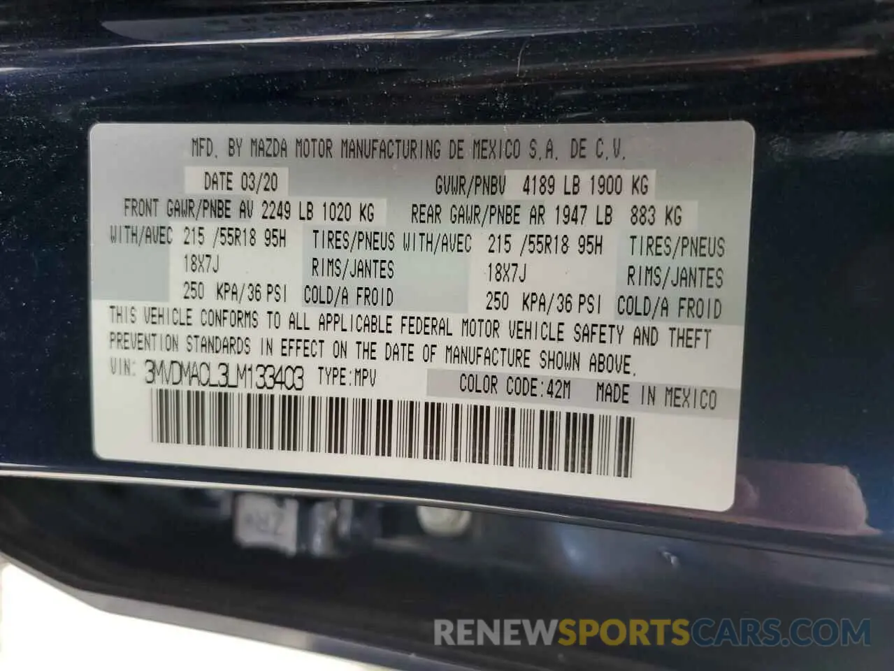 14 fotografías del automóvil dañado 3MVDMACL3LM133403 MAZDA CX30 2020