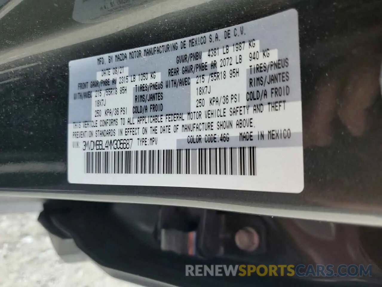 14 fotografías del automóvil dañado 3MVDMBBL4MM305687 MAZDA CX30 2021