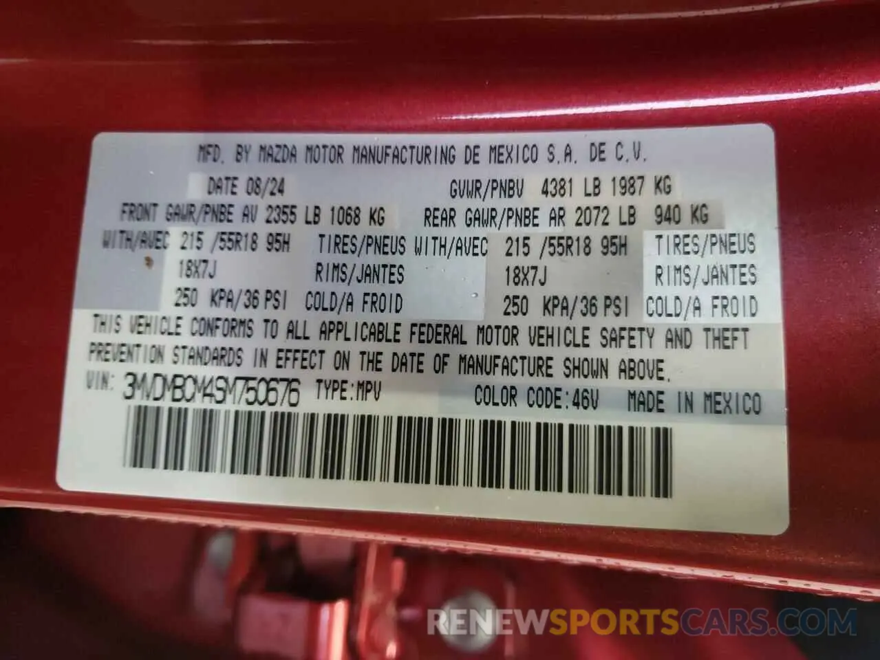 13 fotografías del automóvil dañado 3MVDMBCM4SM750676 MAZDA CX30 2025