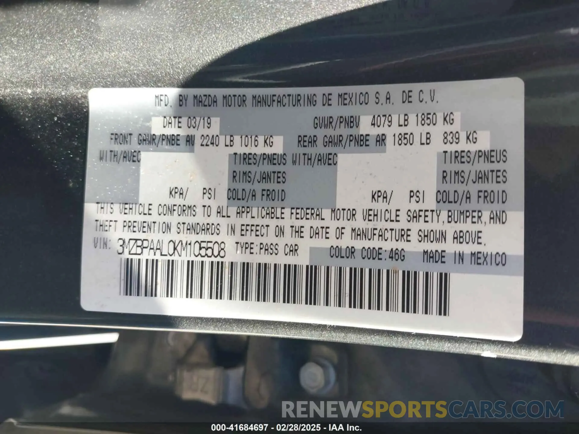 9 fotografías del automóvil dañado 3MZBPAAL0KM105508 MAZDA MAZDA3 2019