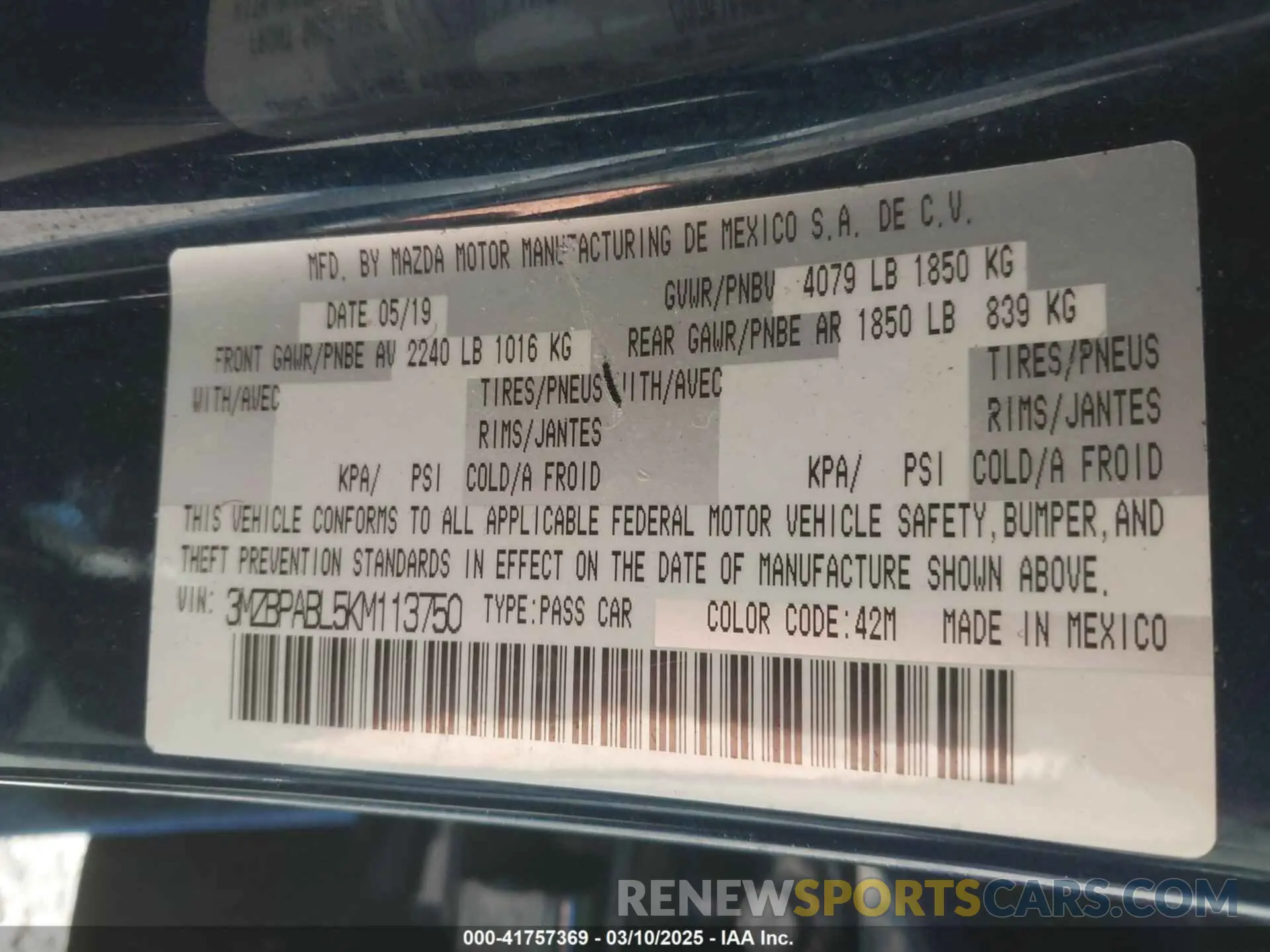 9 fotografías del automóvil dañado 3MZBPABL5KM113750 MAZDA MAZDA3 2019