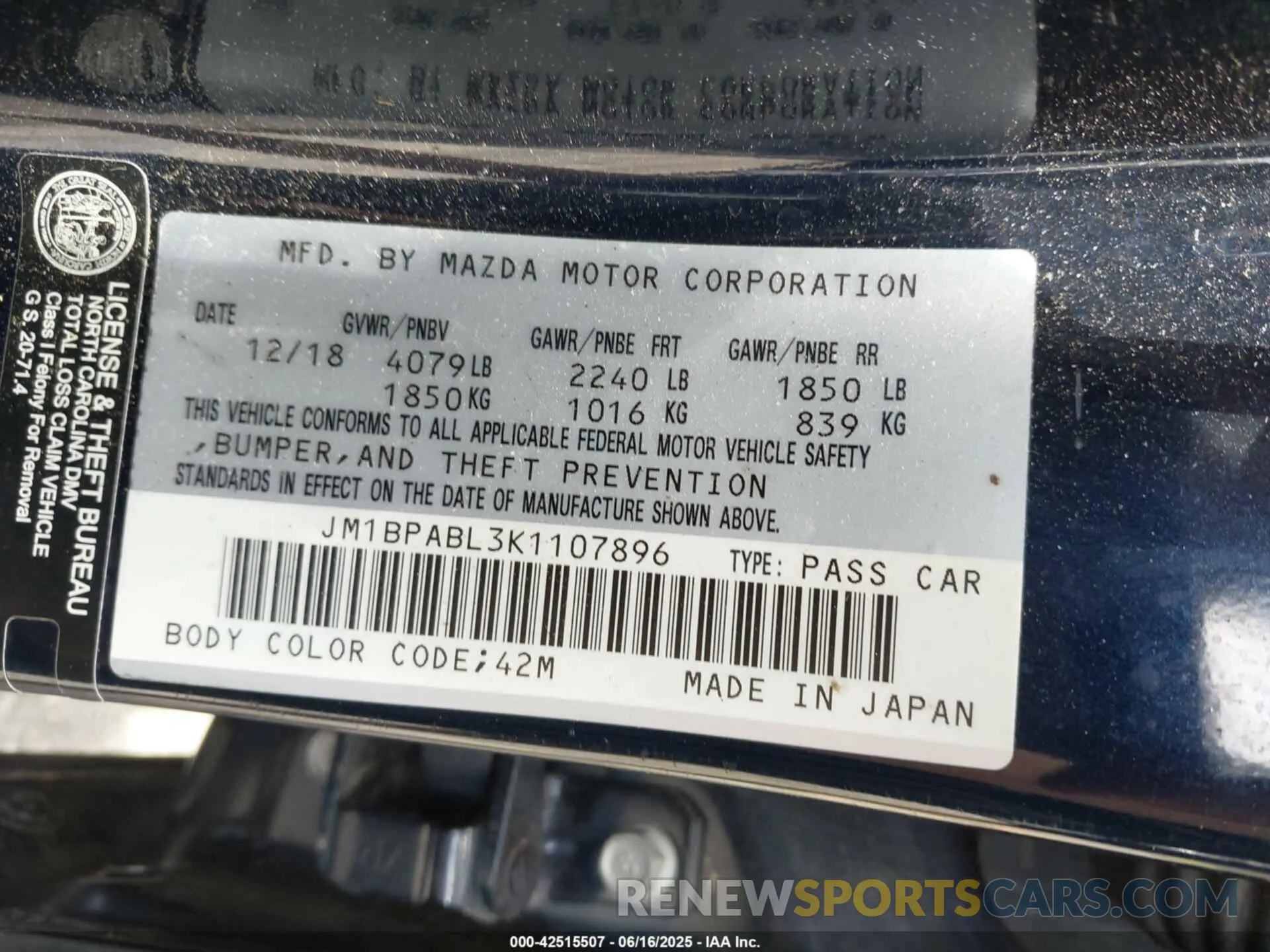9 fotografías del automóvil dañado JM1BPABL3K1107896 MAZDA MAZDA3 2019