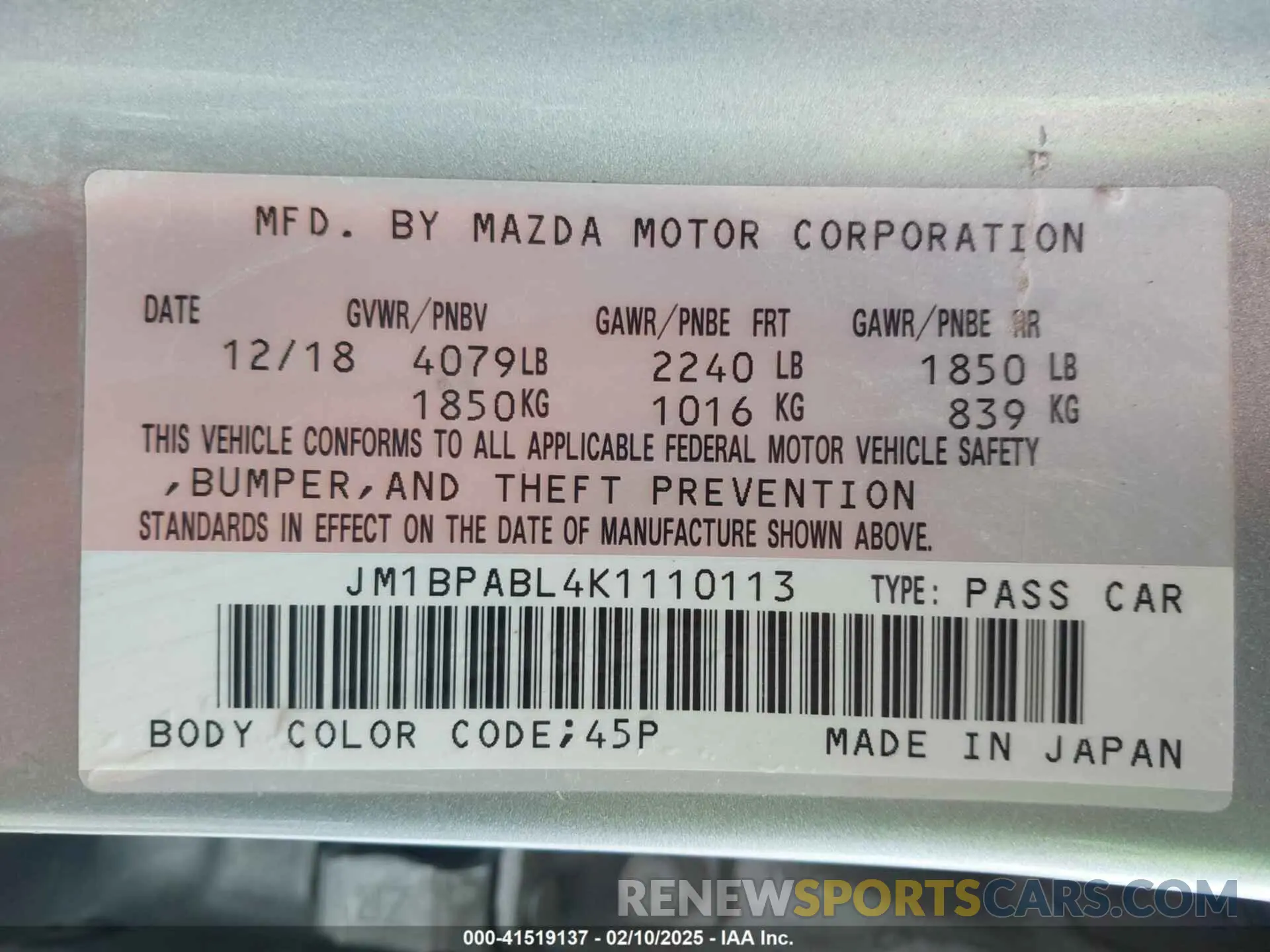 9 fotografías del automóvil dañado JM1BPABL4K1110113 MAZDA MAZDA3 2019