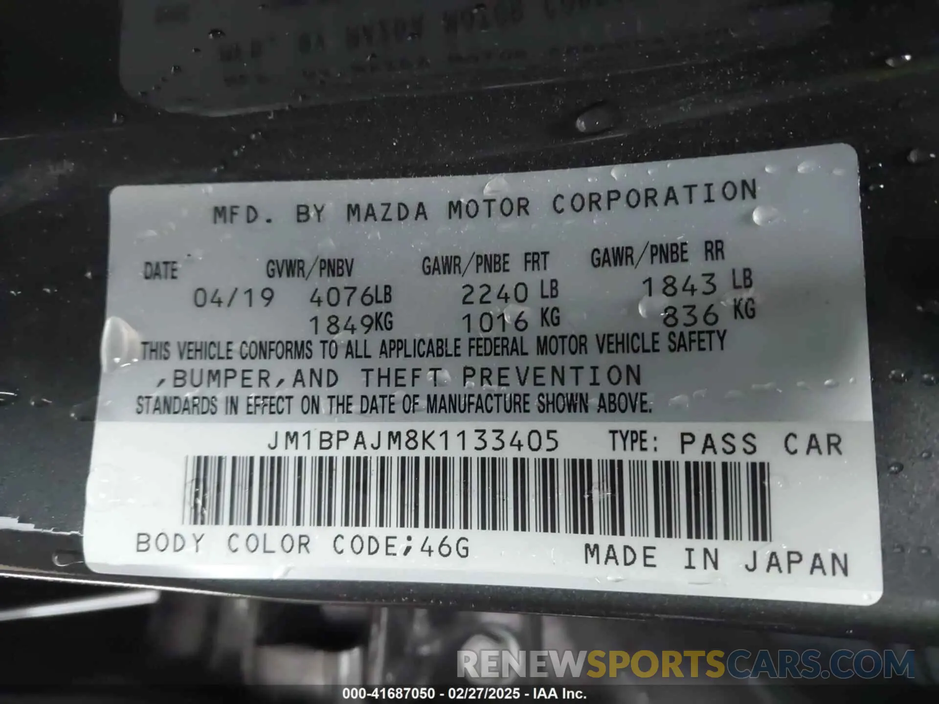 9 fotografías del automóvil dañado JM1BPAJM8K1133405 MAZDA MAZDA3 2019