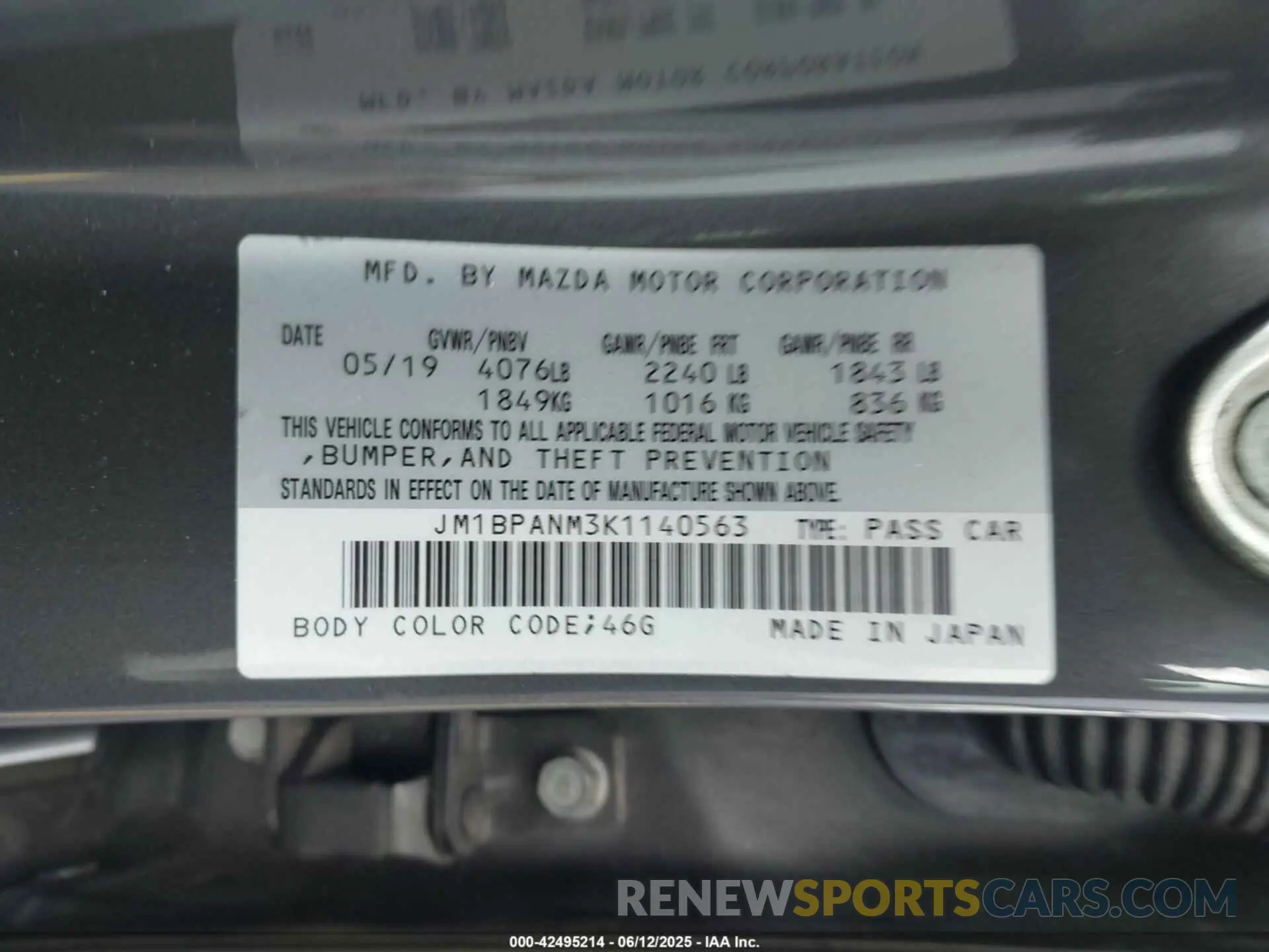 9 fotografías del automóvil dañado JM1BPANM3K1140563 MAZDA MAZDA3 2019